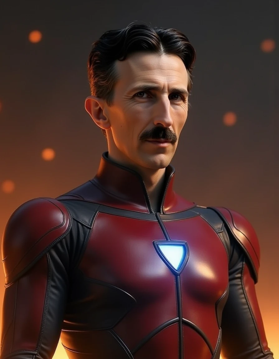 This is a highly detailed digital illustration of a Nikola tesla wearing a futuristic, red and black armored suit. The man appears to be in his late 30s or early 40s, with a strong jawline, well-defined facial features, and a mustache. He has short, neatly combed dark hair and striking blue eyes that are gazing directly at the viewer. His expression is intense and confident.
The armor he wears is sleek and polished, with a prominent, glowing blue light on the chest, suggesting advanced technology. The red and black suit has a high-tech, metallic texture with smooth, reflective surfaces. The design of the armor includes angular, protective shoulder pads and a high collar, emphasizing a futuristic, superhero-like aesthetic.
The background is a blurred, smoky gradient of dark browns and oranges, adding a sense of depth and intensity to the image. Small, glowing embers or sparks float in the background, enhancing the high-tech, dramatic atmosphere. The overall color palette is dominated by the red and black of the suit, contrasted with the bright blue light and the warm tones of the background. The image is highly polished, with meticulous attention to detail, making it a striking and dynamic portrayal of the character. <lora:Tesla_instantID_OT_ep50:0.9>