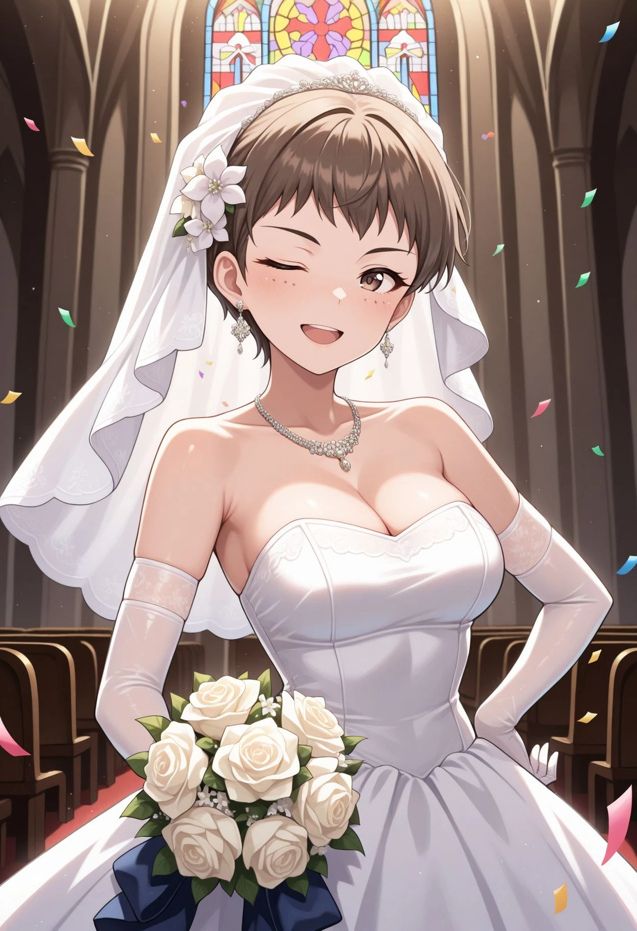 masterpiece,best quality,absurdres,highres,very aesthetic,high quality,detailed,insanely detailed,beautiful,perfect lighting, indoors, church, stained glass, whie veil, laced gloves, upper body, close portrait church, holding bouquet, (confetti:1.1), smile, white dress, wedding dress, church, holding bouquet, (confetti:1.1)
1girl, Gupnaomi, 1girl, wedding dress, brown hair, one eye closed,, jewelry, brown eyes, elbow gloves, earrings, hair ornament, hair flower, necklace, medium breasts, blush, white dress, looking at viewer, hand on own hip, cleavage, simple background, strapless dress, open mouth, standing <lora:Naomi illu:1> 1girl, gupnaomi, brown hair, brown eyes, freckles,