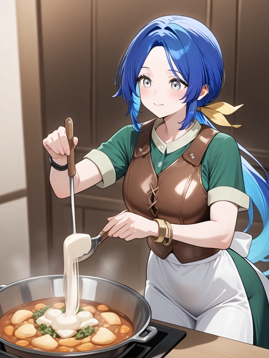 half-orc, Green skin, Female,Short medieval black hair,Naked,Wear an apron,Big breasts that expose the,shyexpression,Wrumble,In the smithy。