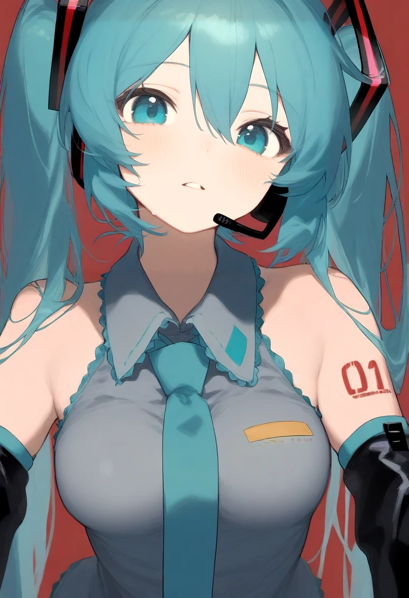 masterpiece,best quality,amazing quality,absurdres,<lora:hatsune_miku_illustrious:1>,hatsune_miku_illustrious,1girl,aqua eyes,aqua hair,aqua nails,aqua necktie,bare shoulders,blue eyes,blue hair,breasts,detached sleeves,fingernails,grey shirt,hair between eyes,hair flowing over,headphones,headset,long hair,looking at viewer,necktie,parted lips,red background,shadow,shirt,simple background,solo,twintails,very long hair,