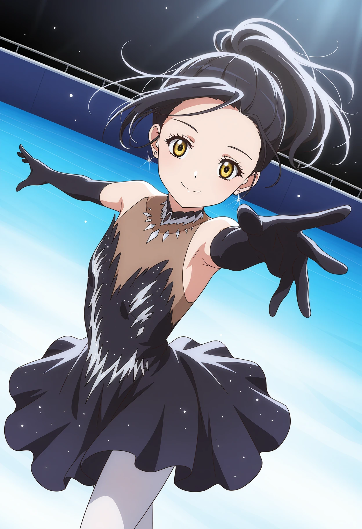 <lora:Hikaru KAMISAKI_1.0_illustrious-000036:1>,
KHA_two,solo,smile,yellow eyes,earrings,looking at viewer,black hair,ponytail,black gloves,closed mouth,cowboy_shot,elbow gloves,
skating rink,skating,dynamic_angle,dancing,reaching,black dress,white pantyhose