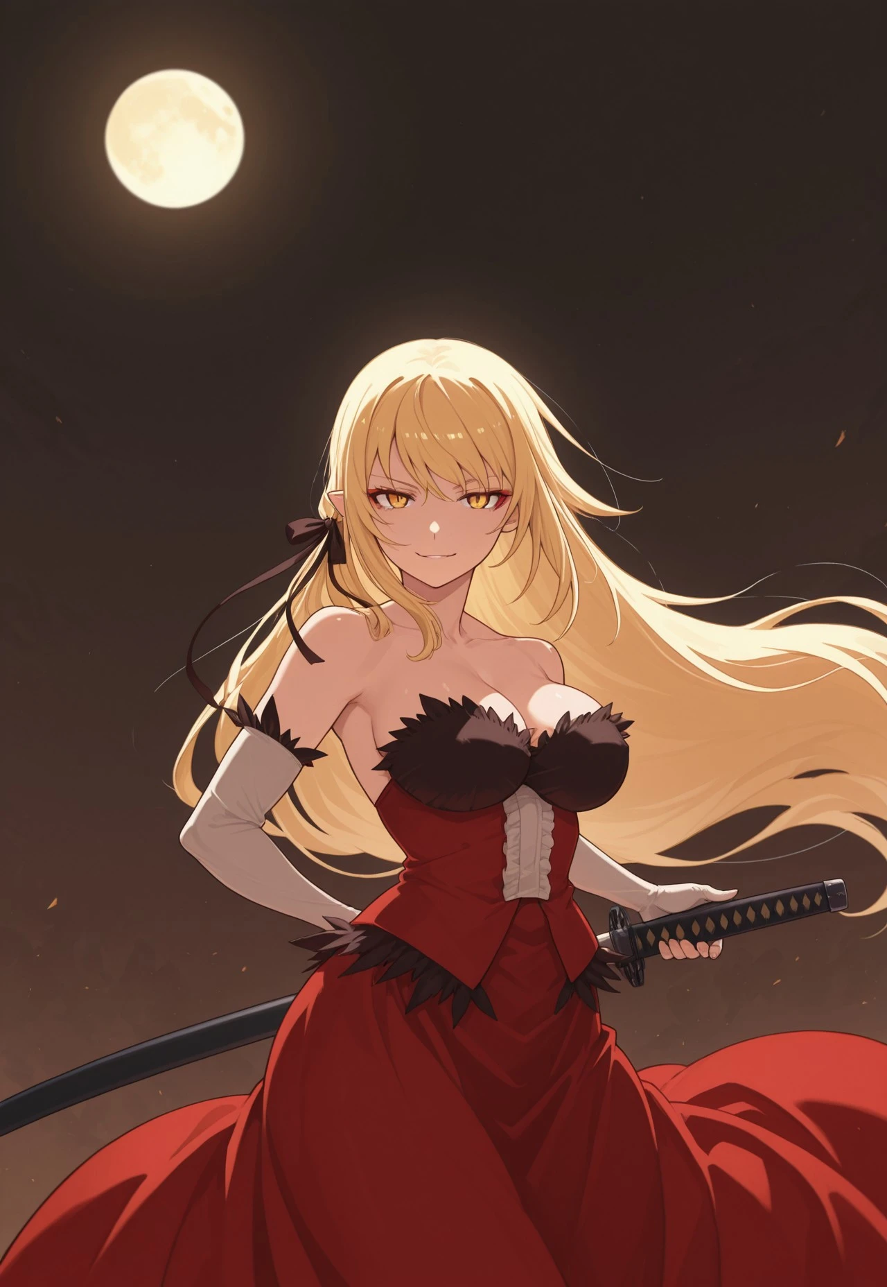 safe_pos, safe_pos, score_9, score_8_up, score_7_up, score_6_up, source anime, masterpiece, best quality, very aesthetic, absurdres, KissShot, 1girl, solo, blonde hair, very long hair, hair ribbon, pointy ears, yellow eyes, slit pupils, orange eyeshadow, large breasts, long red dress, elbow gloves, looking at viewer, dark background, night, smirk, cowboy shot, iaidou,weapon, katana, holding sword, ready to draw, sheathed, unsheathing, scabbard,