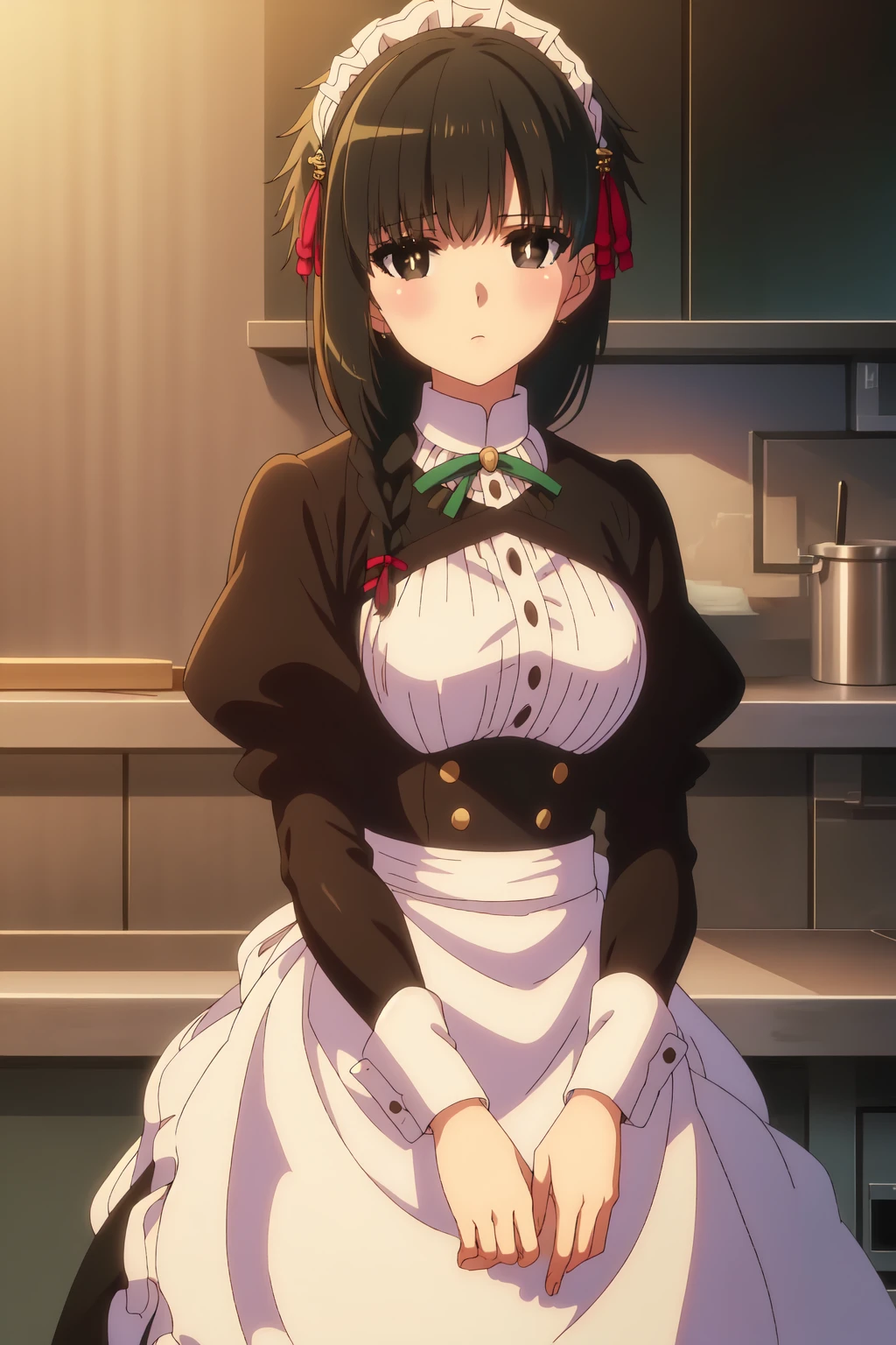 Yuki Yokoya, (8k, HD), 1girl, solo, long hair, black hair, hair ornament, braid, black eyes, single braid, white pupils, large breasts, hair over shoulder, long sleeves, ribbon, puffy sleeves, apron, maid, juliet sleeves, maid headdress, looking at viewer