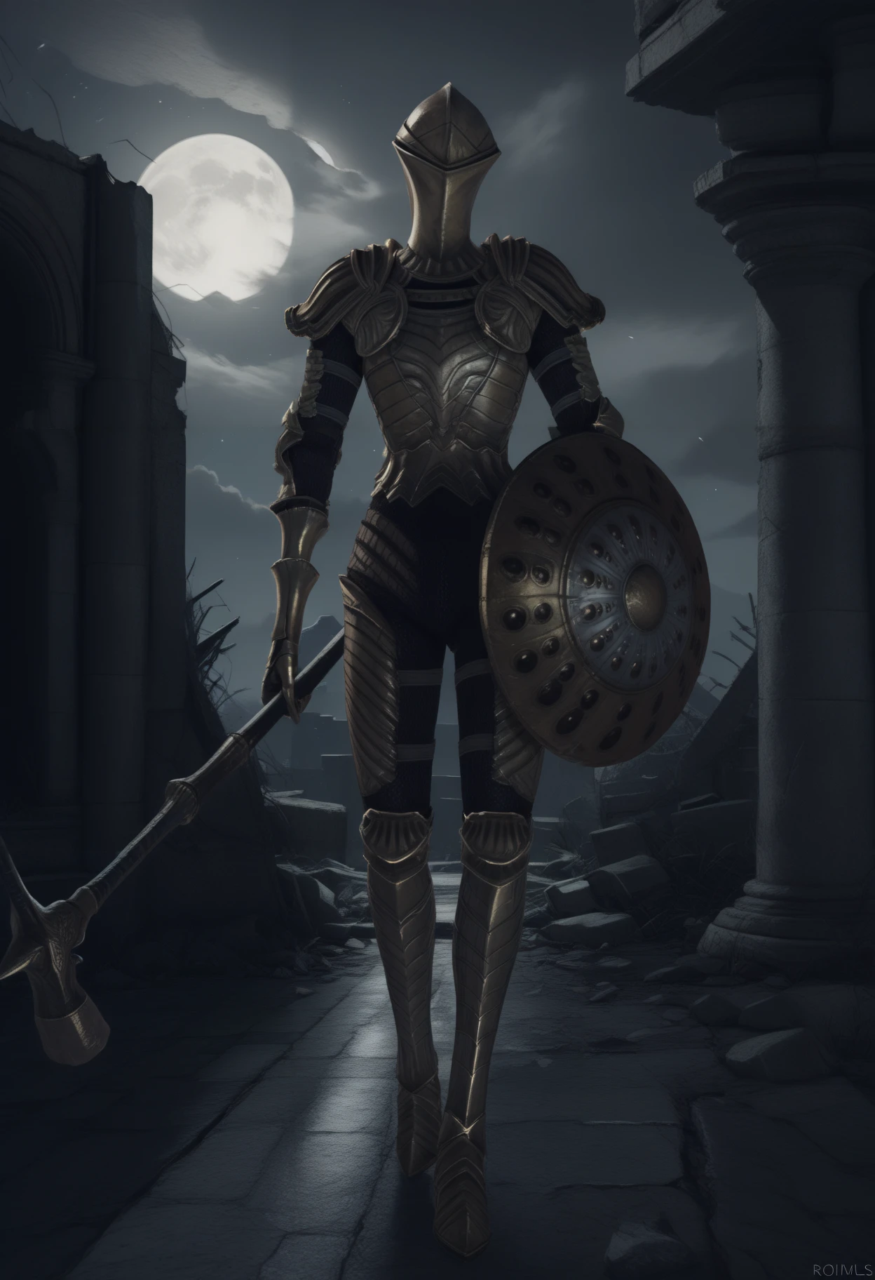 masterpiece, best quality, realistic, photorealistic, newest, ruins, pillar, night, gold moon, dark clouds, star \(sky\), starry sky, outdoors, uielis, 1other, solo, full body, gold helmet, covered face, gold breastplate, gold shoulder armor, gold gauntlets, gold faulds, gold greaves, chainmail, holding shield, holding war hammer, <lora:Ruin Sentinels:1>