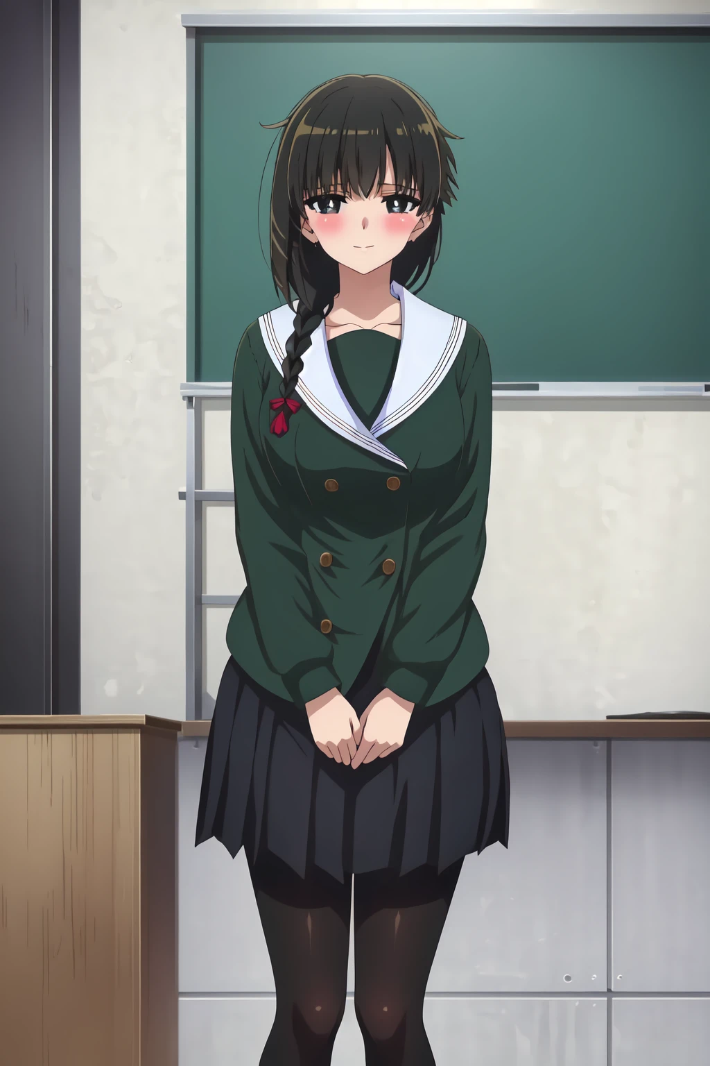 Yuki Yokoya, (8k, HD), 1 girl, alone, long hair, black hair, braid, black eyes, single braid, white pupils, large breasts, hair over shoulder, looking at viewer, school uniform, green uniform, pleated skirt, black skirt, black pantyhose, small smile, blushing, v arms