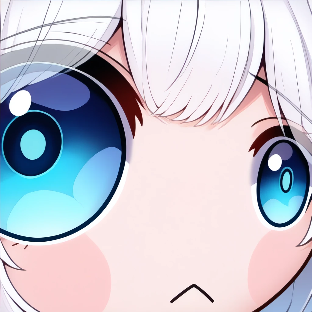 masterpiece, best quality, newest, absurdres, highres, eye focus, close-up, portrait, <lora:StareMeme_illusXLNoobAI_Incrs_v1-000008:1>, blue eyes, white hair, short hair, :<, frown, triangle mouth