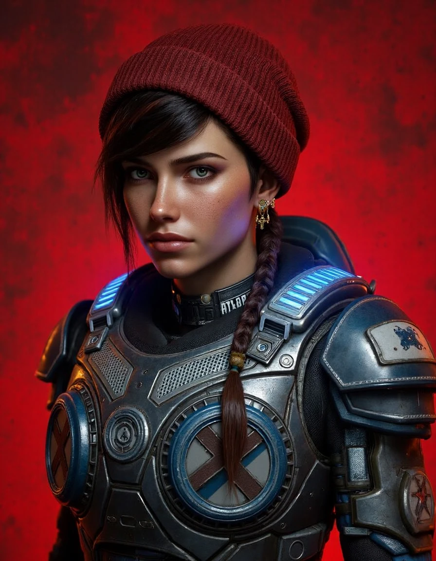 a beautiful female <lora:kaitdiazgears5:1>, wearing gears of war steel cog armour, chest plate with blue neon, shoulder guards, dark red knitted cap, highly detailed, soldier future, gears 5, emphasizing her sleek presence. The background allows the viewer to focus on her eye-catching fashion and makeup. Captured with a Sony A7R IV camera and a 50mm f/1.2 G Master lens for a beauty editorial shoot, this composition highlights her fashion-forward aesthetic. Inspired by avant-garde fashion photography from Sølve Sundsbø, this image blends contemporary fashion and minimalist elegance, high-fashion vision. red and black splash background,