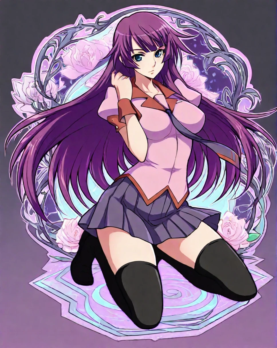 hitagi senjougahara, bangs, long hair, blue eyes, purple hair,skirt, thighhighs, school uniform, necktie, black thighhighs, zettai ryouiki, naoetsu high school uniform,1girl, solo, alone, <lora:pin_design_illustriousXL:1>, pindesign, outline, masterpiece, highres