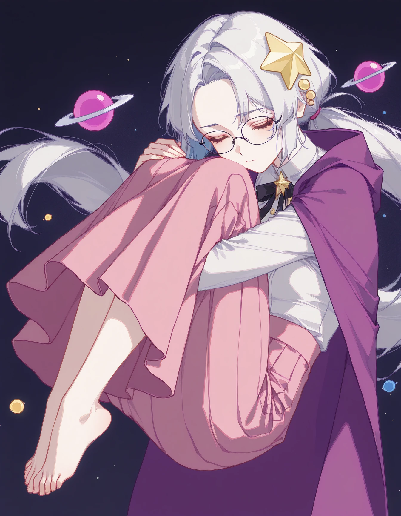 masterpiece, best quality, amazing quality, very aesthetic, high resolution, solo
Asteria-vkstickrs, silver hair, blue streak, glasses, white blouse, black ribbon bow, pink skirt, deep purple cape adorned with golden star-shaped accessories, Floating around her are small celestial orbs and planetary rings, space background, closed eyes, curled up,fetal position, floating hair, forehead, full body, light particles, plantar flexion, simple background, 96yottea,
<lora:Asteria-vkstickrs_il:0.9>