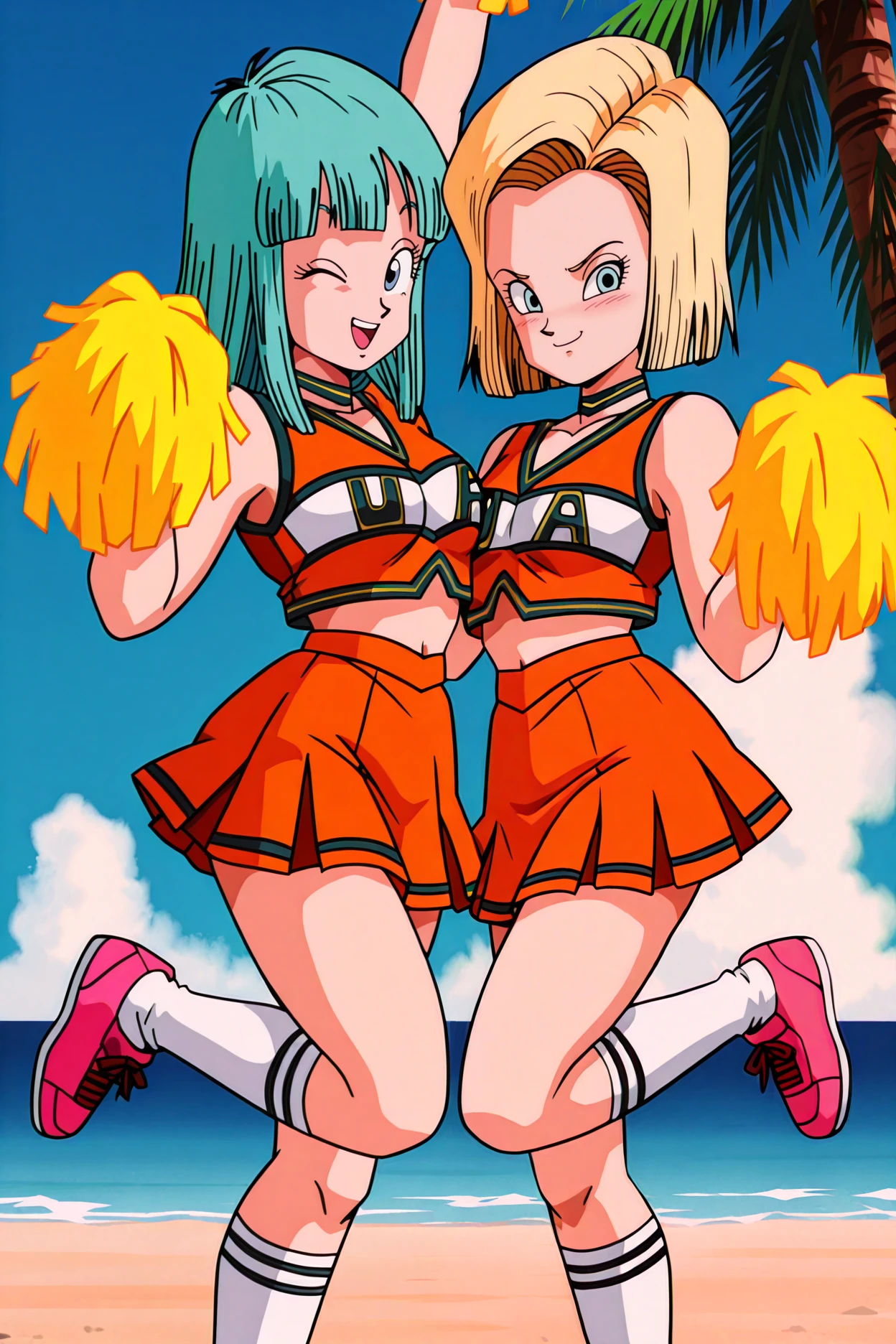 masterpiece,best quality,leold style,2girls, side-by-side, from side, standing on one leg, u.a. cheerleader uniform, cheering,looking at viewer, happy,pink sneakers,orange crop top, orange pleated skirt, green choker, green clothes writing, beach, palm tree,blue sky,ocean, (symmetrical docking:0.7), midriff, white kneehighs, <lora:UACheerIllus:0.5>
BREAK maron, 1girl, aqua hair, blue eyes, long hair, blunt bangs, yellow pom pom \(cheerleading\),looking at viewer, one eye closed,medium breasts, arm up,holding pom poms, <lora:MaronIllus:0.8>
BREAK a18,1girl, blonde hair, light blue eyes, short hair,blush,nervous smile, small breasts,frown,yellow pom pom \(cheerleading\),looking at viewer, <lora:Android18IllusV2:0.8>