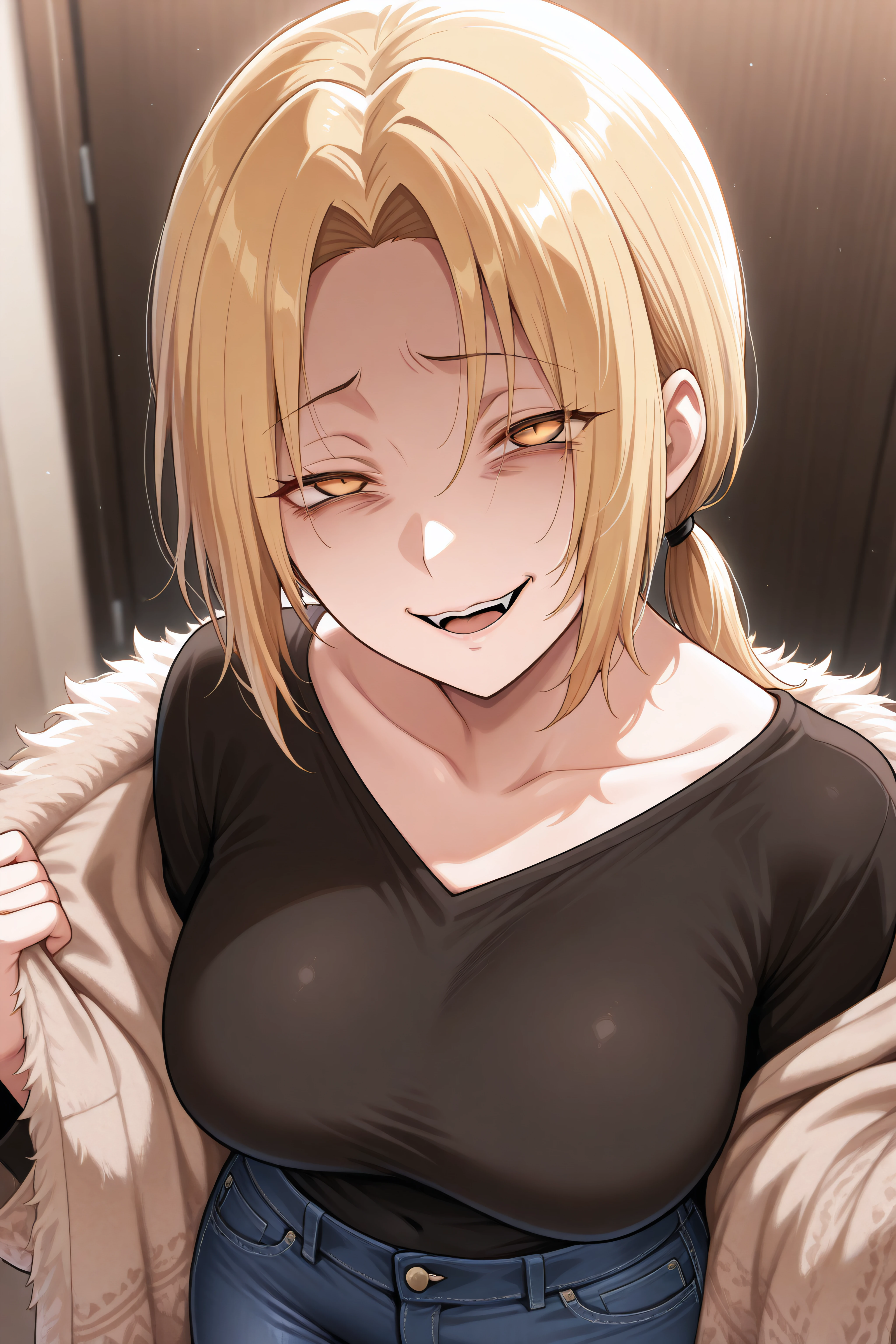 (masterpiece, best quality), <lora:Yuko Kurose-Illustrious-lora-Faxtron:1> yukokurose, yellow eyes, eyes, blonde hair, low ponytail, mature, <lora:edgGesugaoILS:1> edgGesugao,sadistic smile, ,edgGesugao facial expression, Faux fur-lined anorak jacket, jeans,