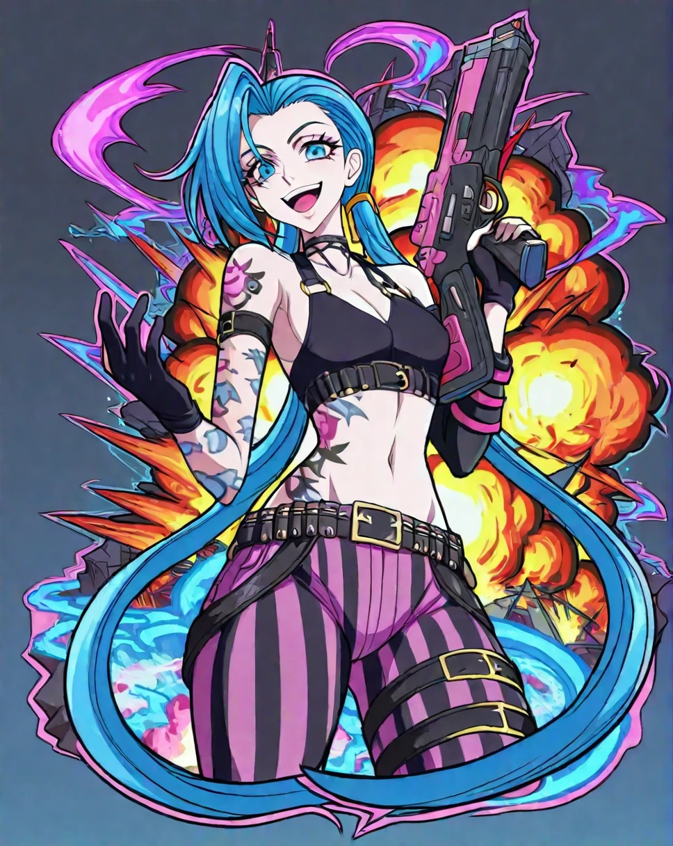 jinx, blue hair, pale skin, choker, smile, blue eyes, long blue twin pigtails, tattoo,crop top, sleeve, armbands, purple striped pants, gloves, belt, 1girl, solo, alone, ruin, explosion, laughing, holding gun,<lora:pin_design_illustriousXL:1>, pindesign, outline, masterpiece, highres