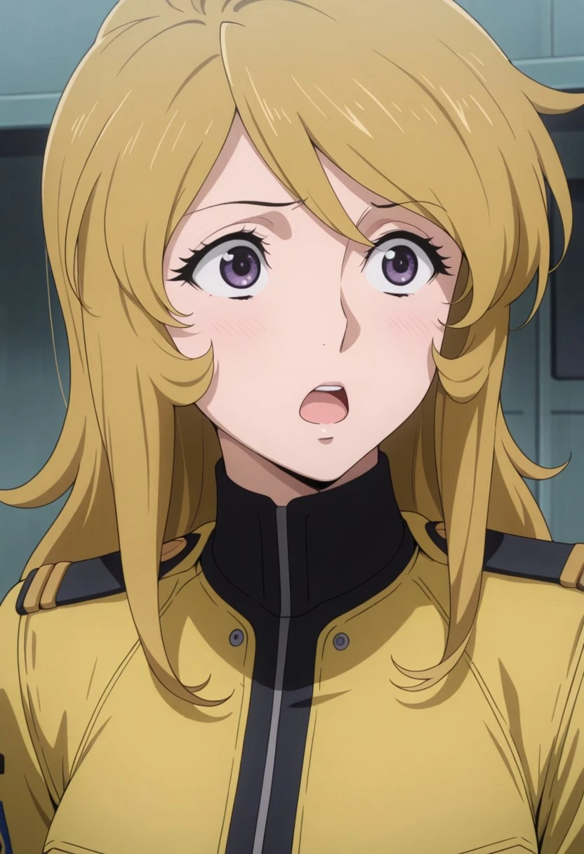 masterpiece,best quality,amazing quality, mori yuki, dirty-blonde hair, long hair, purple eyes, 1girl, solo, uniform, military uniform, military, yellow jacket, jacket, open mouth