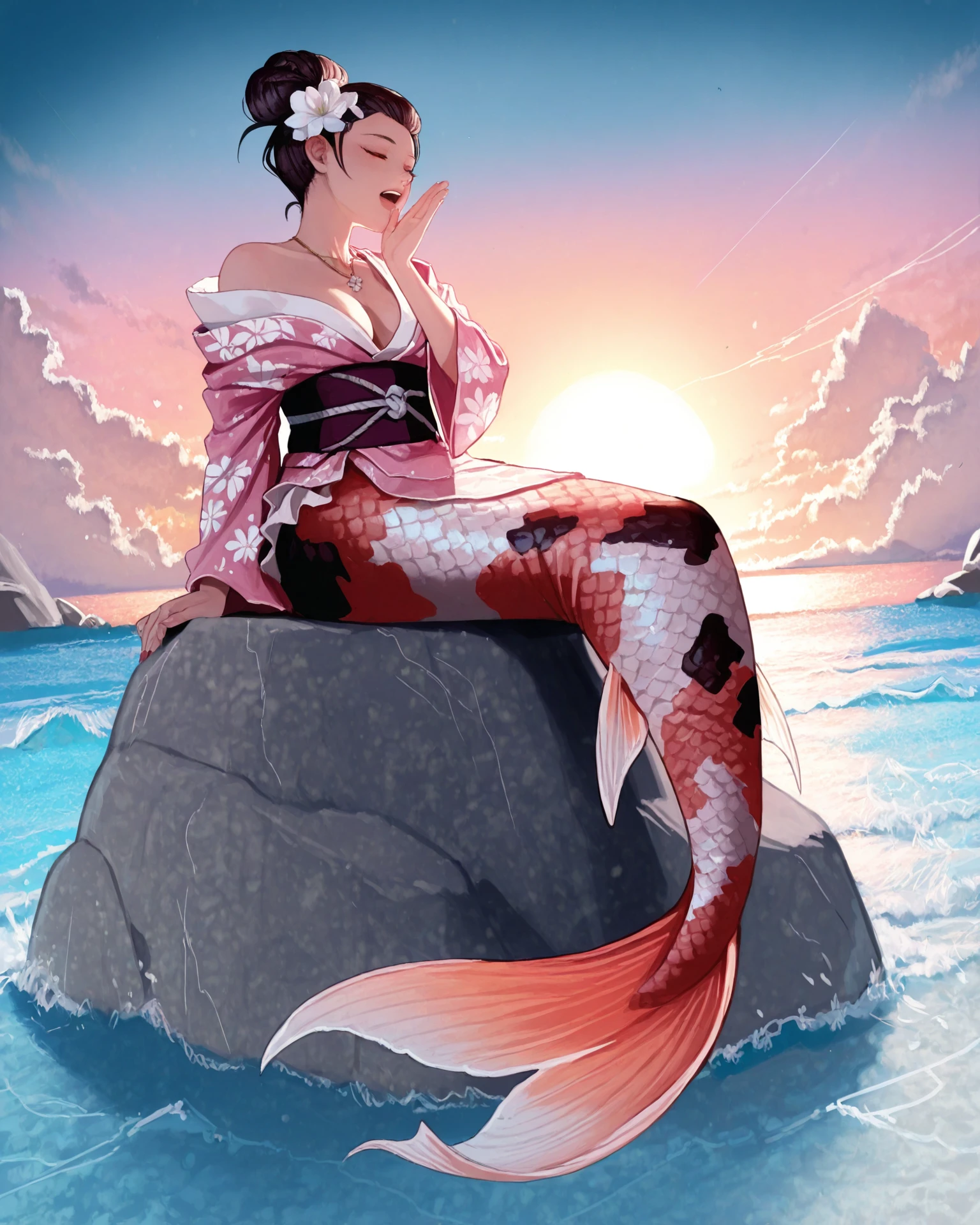 1girl, koima, mermaid, sitting on a rock, hair buns, eyes closed, peacefully singing, white flowers, necklace, pink kimono top, beautiful ocean, inlet, rocky shores, (calico pattern:0.8), masterpiece, highest quality, absurdres, digital art, very detailed, 8k, best quality, high resolution,  <lora:KoiMermaid_Illustrious:1.2>,   <lora:EclipticaILXL:1> 3cl1pt1ca