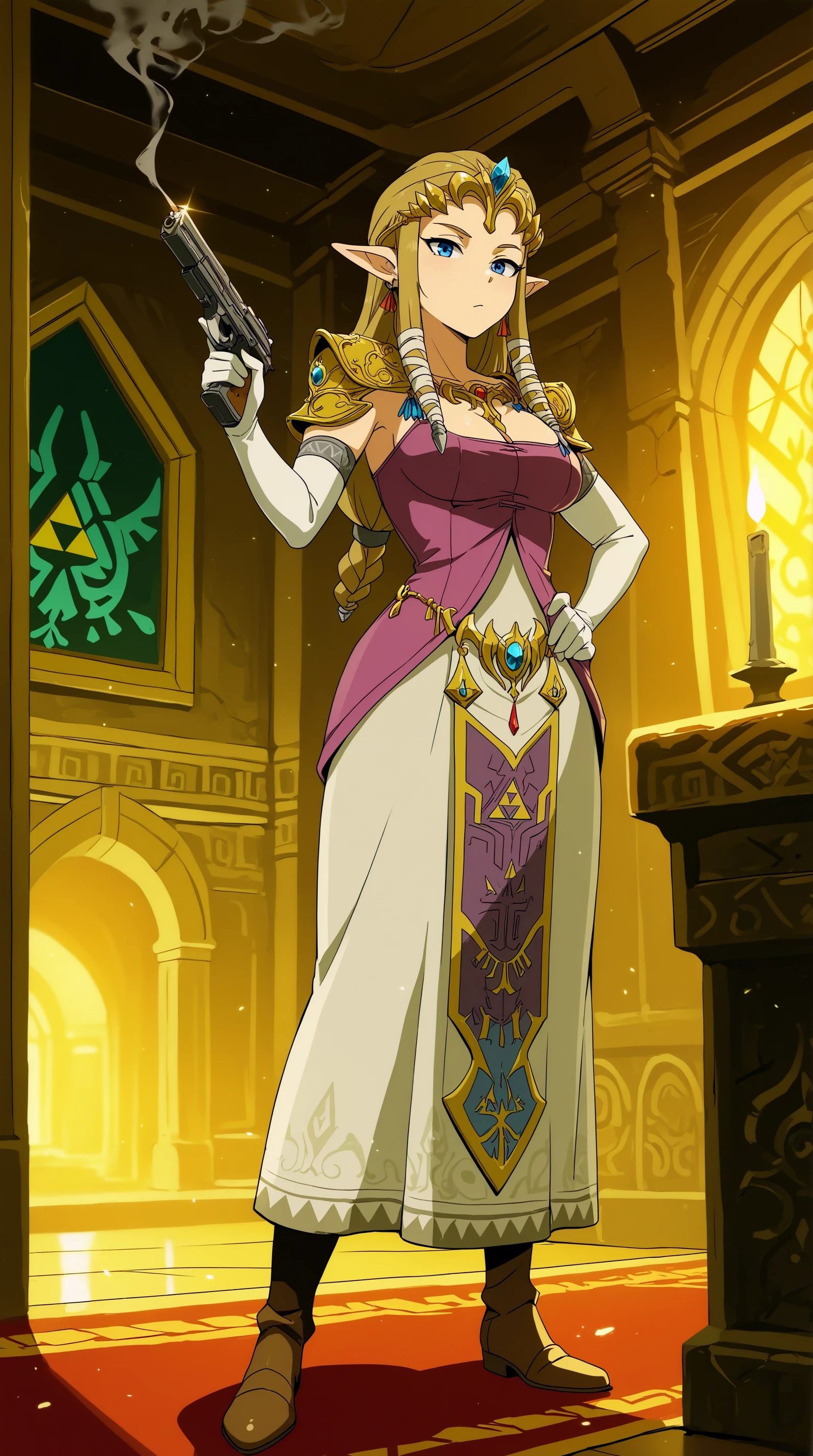 masterpiece, best quality, indoors, cinematic lighting, amazing quality, very aesthetic, absurdres, best quality, 4k, upscale, Zelda TP, Main Outfit, holding, weapon, solo focus, holding weapon, hand on own hip, gun, holding gun, smoke, handgun, trigger discipline,smoking gun, indoors, aiming, full body, <lora:JN_Zelda_TP_Illus:0.8>