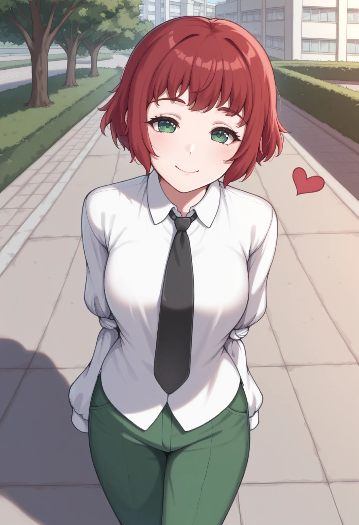 masterpiece, best quality, <lora:NSRinKatawa:1> NSRinBase, armless amputee, red hair, short hair, green eyes, white collared shirt, green pants, black necktie, sleeve tied shut, hearts, smile, outdoors, school, looking at the viewer, incoming hug