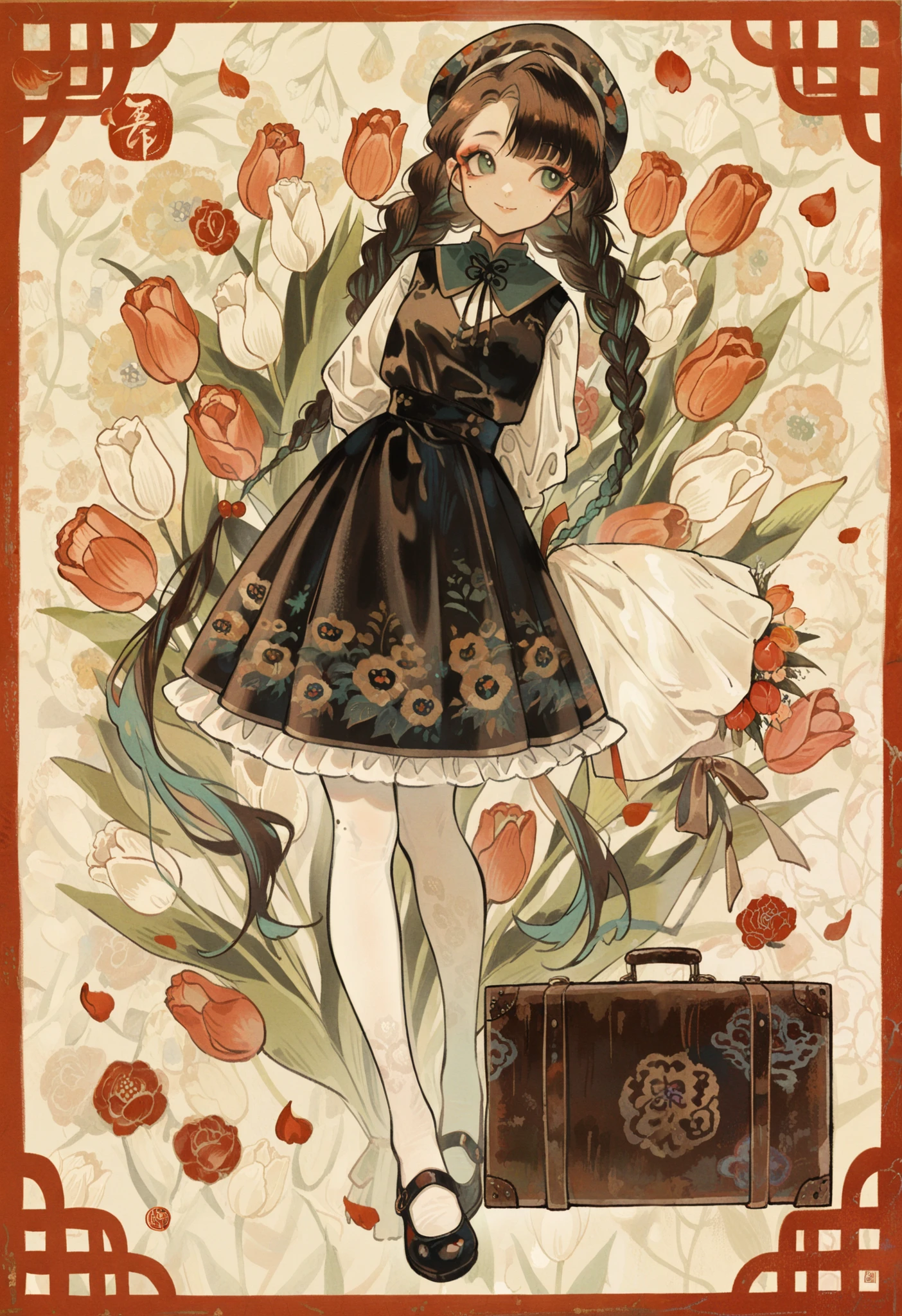 1girl, aqua hair, arms behind back, asymmetrical bangs, bouquet, braid, brown hair, chinese clothes, red eyeshadow, floral background, floral print, flower, frills, border, green eyes, looking to the side, makeup, mary janes, mole, mole under eye, pantyhose, petals, pinafore dress, shoes, smile, suitcase, tulip, twin braids, very long hair, white pantyhose,
masterpiece, best quality, amazing quality, absurdres, newest,
<lora:tsubonari:1>