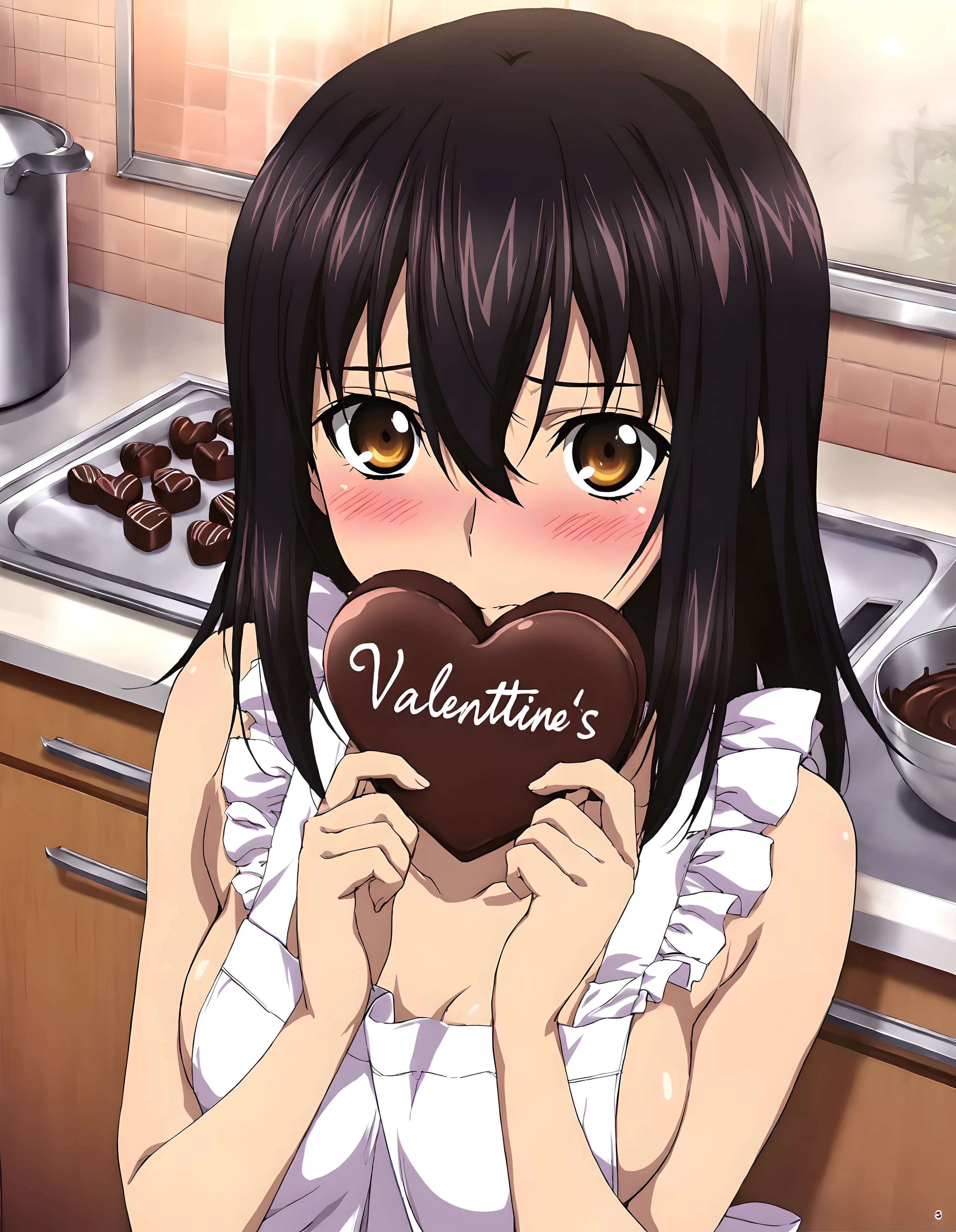 <lora:illustrious_XL_yukina_v2:0.8>,yukina,masterpiece,best quality,good quality,1girl,solo,naked apron,kitchen,valentine,heart-shaped chocolate,holding_food,looking at viewer,upper body,blush,heart,