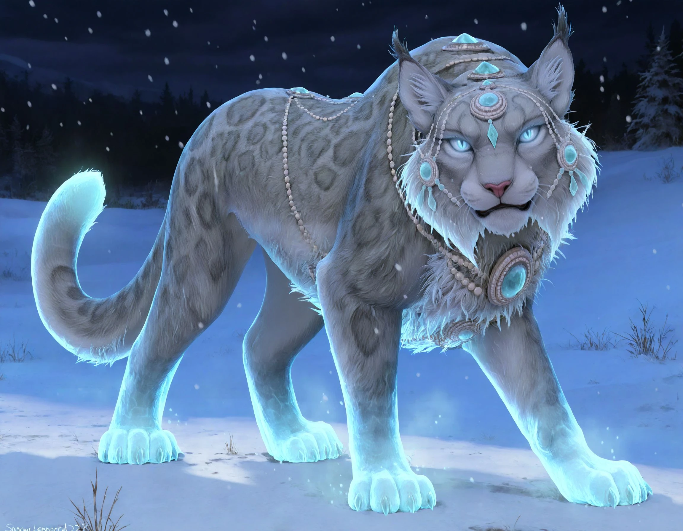 masterpiece, good quality, best quality, 2d, anime, studio_ghibli, 
SnowLeopard, animal, solo, no humans, gem, jewelry, serious, slit pupils, glowing eyes, blue eyes, looking at viewer, snow, snowing, blizzard, ice legs, ice tail,
<lora:SnowLeopard_IL:0.87>