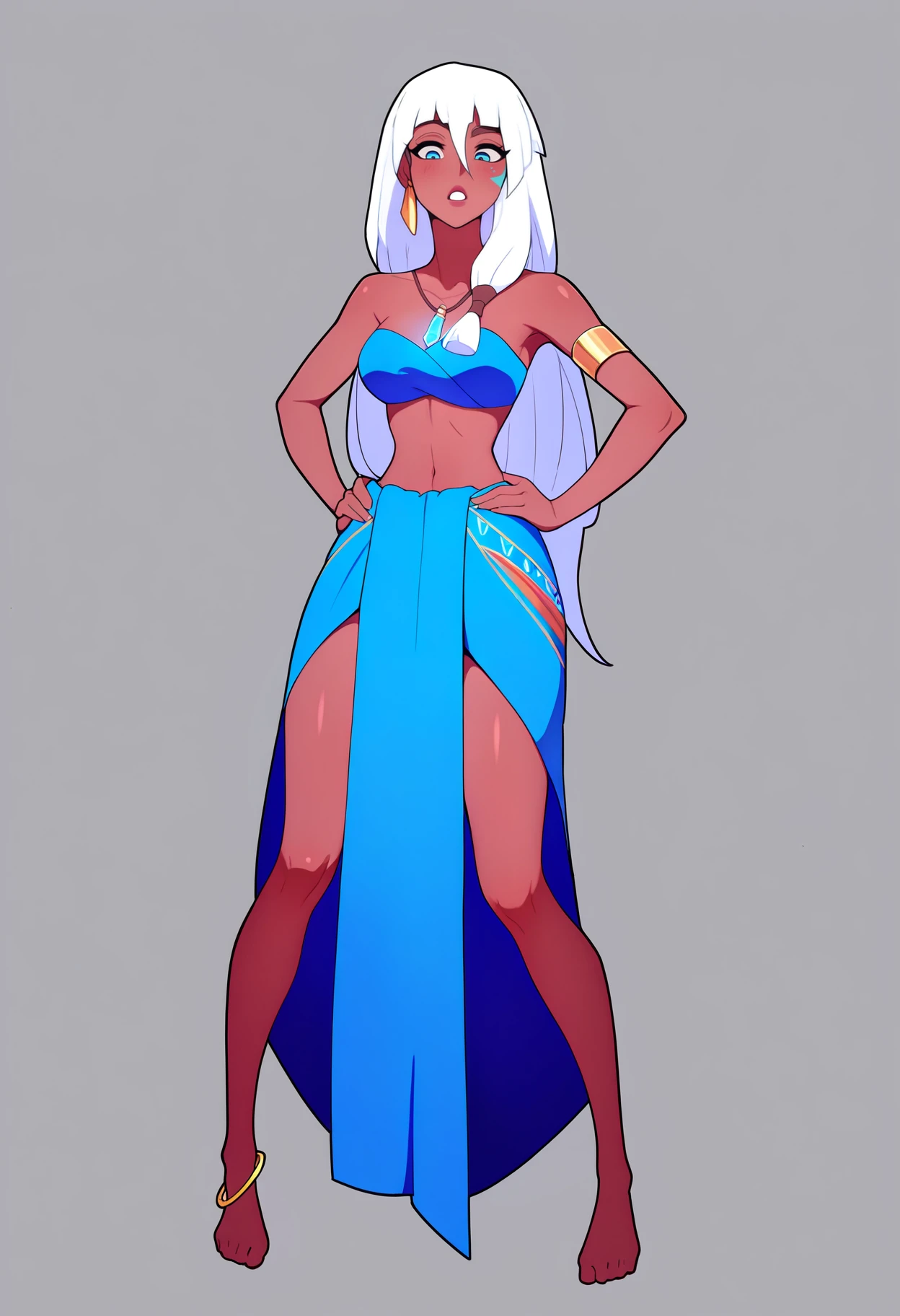 best quality, amazing quality, very aesthetic, absurdres,
1girl, kidagakash, blue eyes, white hair, long hair, dark skin,
necklace, earrings, anklet, armlet, blue tube top, blue sarong,
hands on hips, full body, standing,
looking at viewer, solo, simple background, white background, <lora:KidagakashNoobXL_byKonan:1>