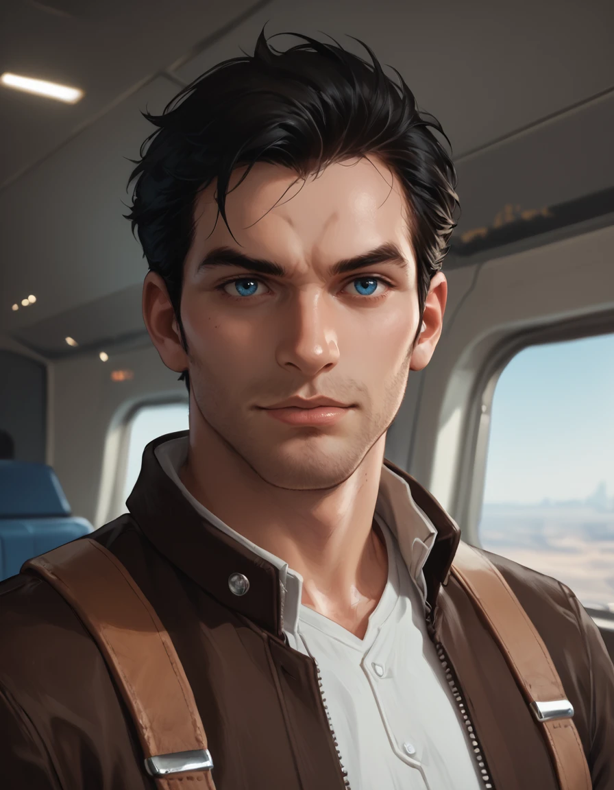 score_9, score_8_up, score_7_up, score_6_up, score_5_up, male focus, solo, <lora:SWTOR_-_Jonas_Balkar_-_Pony_4:0.7>, jonasbalkar, male, black hair, blue eyes, shoulder straps, brown jacket, white shirt, portrait, contrapposto, spacecraft interior, looking at viewer, realistic