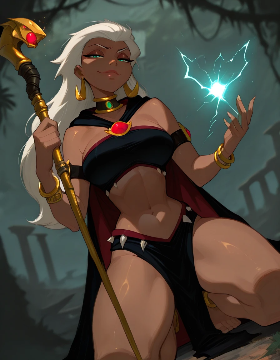 masterpiece, best quality, 1girl, solo, absurdres,
queenladg,
dark skin, white hair, long hair, aqua eyes,
Jewelry, cape, bracelet, neck ring, armlet, earrings,black tube top,black loincloth,
large breasts,
dutch angle ,
smug, half-closed eyes ,
fighting stance, holding staff, magic, battle, barefooet, electricity,
jungle, ruins,
blurry background,
embedding:SmoothQuality,