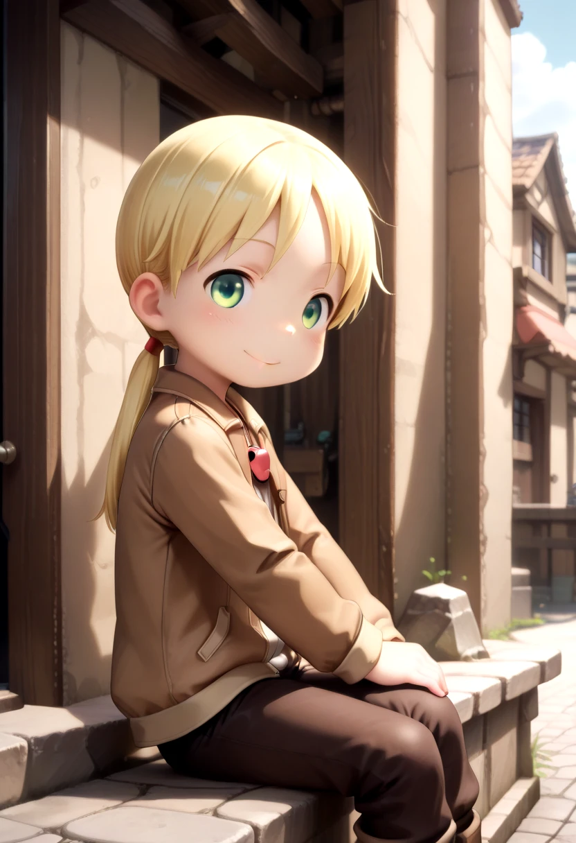 <lora:made-in-abyss-riko-IL-xl-v10:1>
1 girl, riko, twintails, green eyes, red whistle pendant, brown jacket, town, mossy stones, blush, happy face expression, relaxed pose, from side, sitting