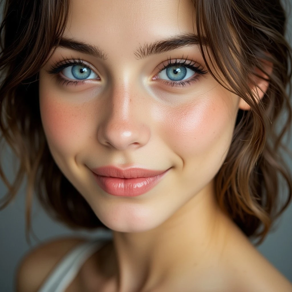 A stunning FACE CLOSE UP portrait of a YOUNG 18 YO GIRL , BLUE EYES, SMILING, wearing an elegant couture gown, aidmaimageupgrader,Captured with a Hasselblad X2D 100C and an 80mm f/1.9 lens, hyper-realistic textures, soft studio lighting, elegant shadows, styled for a Vogue beauty editorial, incredible realism, creamy bokeh, ultra-detailed textures, perfect lighting, styled for a Vogue coveR,aidmaimageupgrader