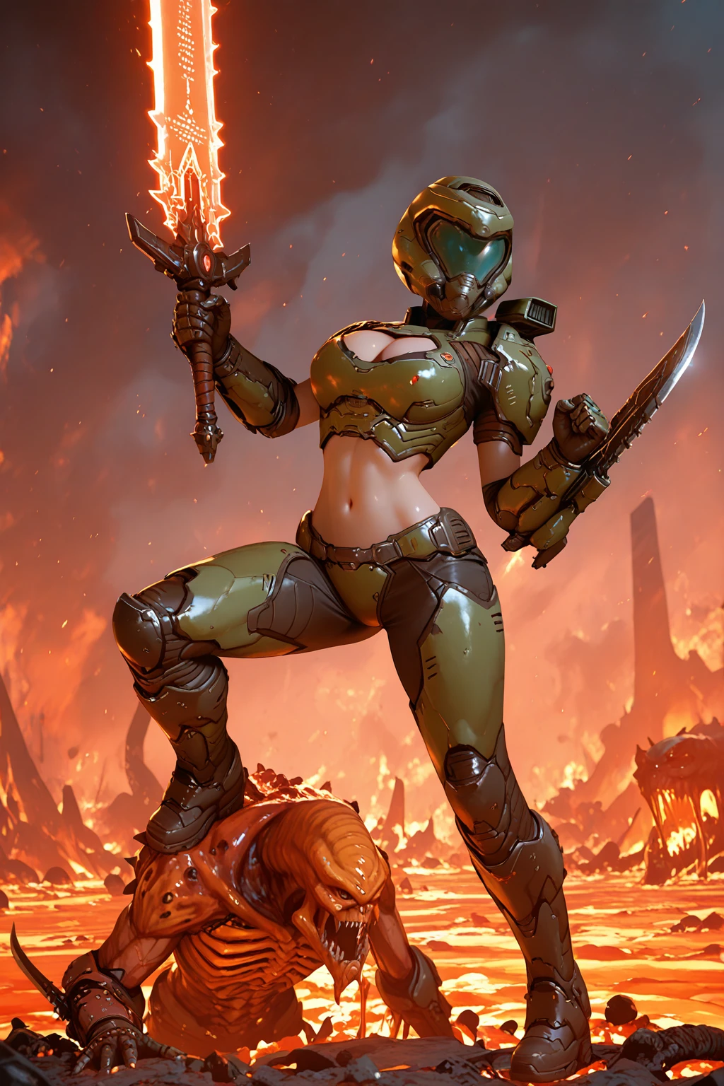 masterpiece, good quality, best quality, very awa, very as2, absurdres, highres, 3d ,render, realistic
<lora:Doom Girl CrashilluLoRA:1>dmgirl, helmet, power armor, shoulder armor, breastplate, cleavage, gauntlets, midriff, bikini armor, boots, holding glowing sword, shoulder cannon, arm blade, monster, fighting stance, molten rock, hell, slashing, acrobatic pose, solo, dynamic pose, alien