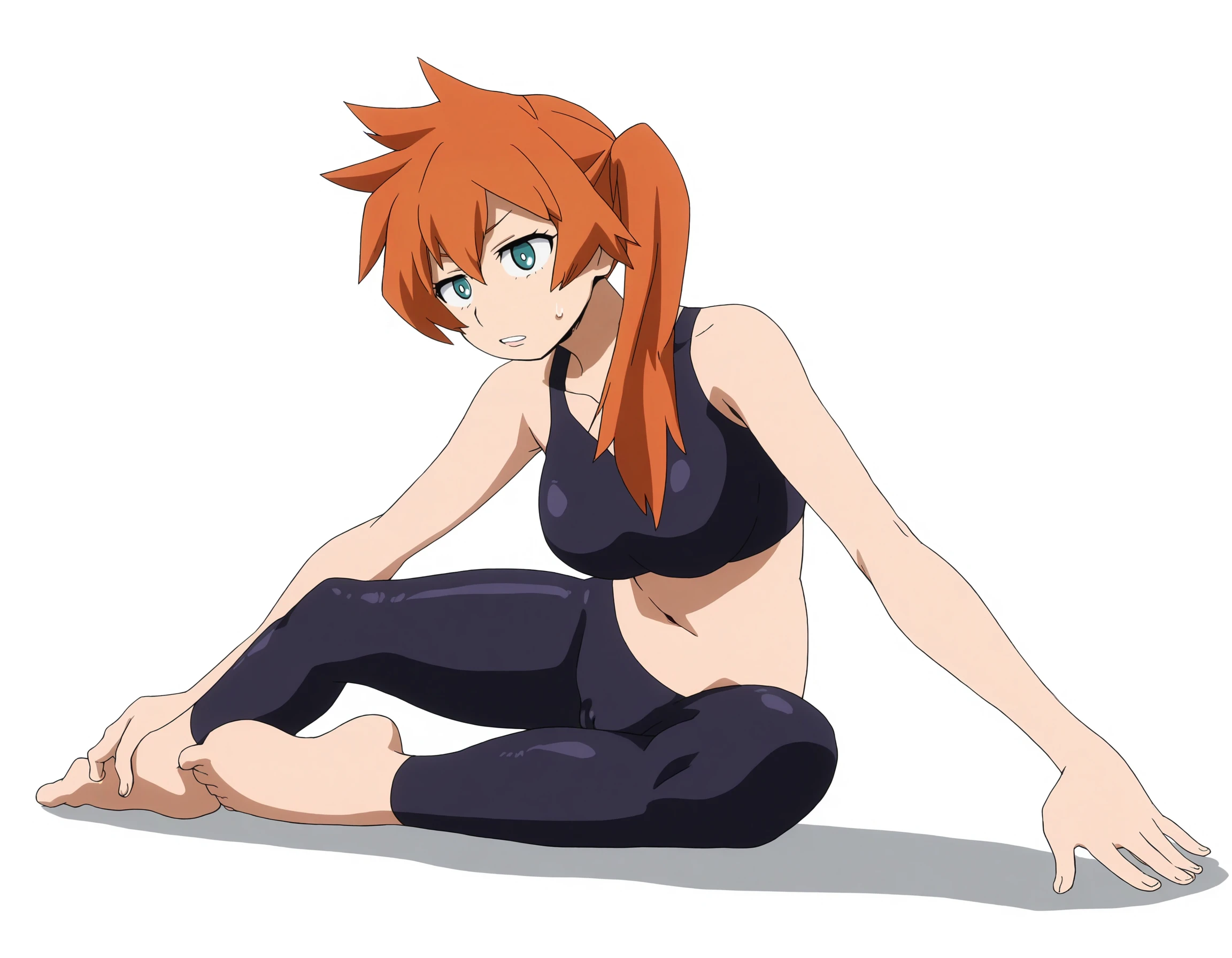solo, full body, perfect composition, shadows, shading, <lora:anime_screencap-Illustrious:0.65> anime screencap, anime coloring, very aesthetic, absurdres, zPDXL, <lora:Pony_DetailV2.0:0.5> <lora:illustrious_quality_modifiers_masterpieces_v1:1>
<lora:ItsukaK:1> 1tsuk2, 1girl, aqua eyes, side ponytail, orange hair, female focus, concentrating, sweatdrop, teeth, defined lips, on floor, yoga pose, stretching,
(muscles:0.7), breasts, spandex sportswear, tight clothing, midriff, cameltoe,
(white background:1.2)