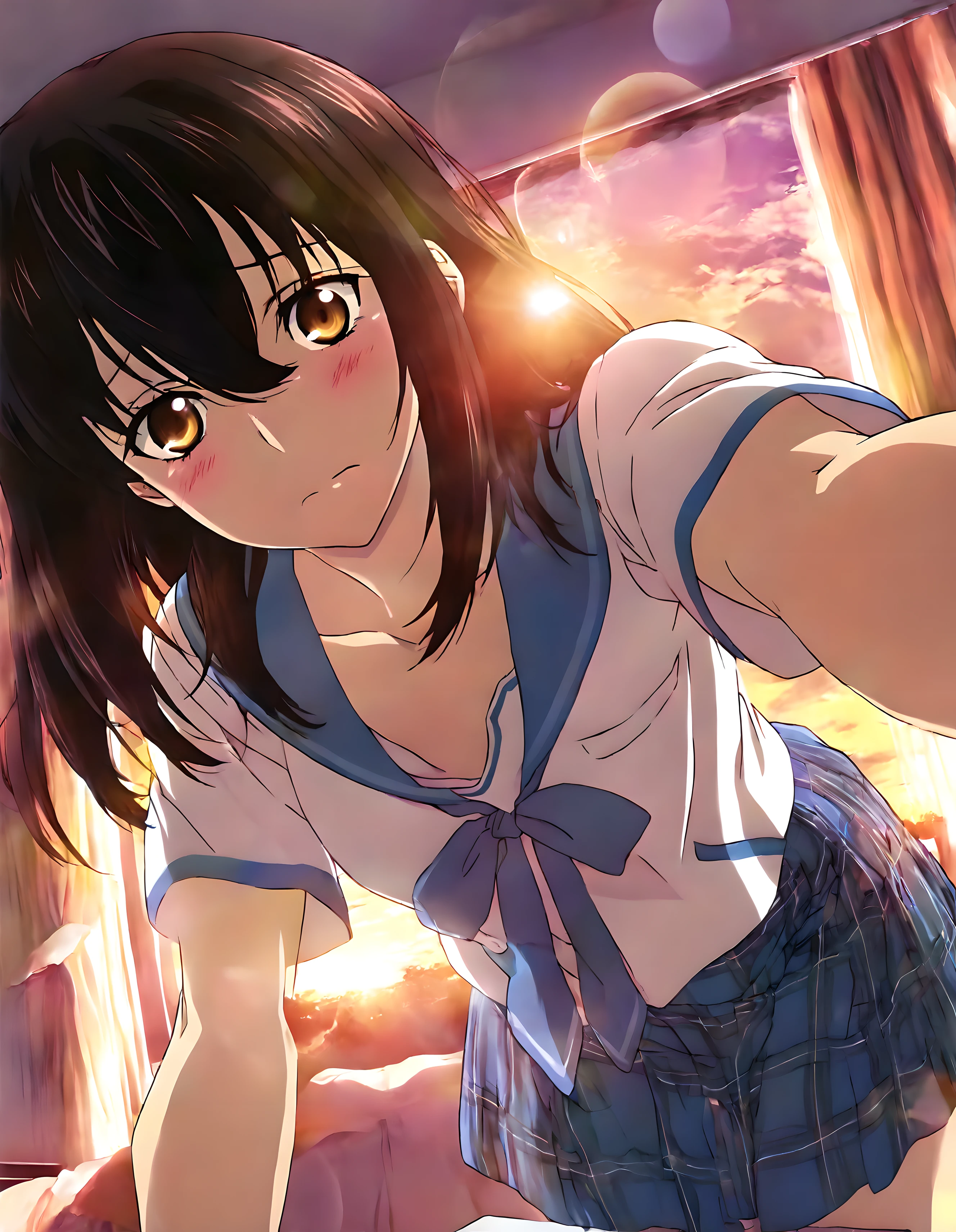 <lora:illustrious_XL_yukina_v2:0.9>,yukina,masterpiece,best quality,good quality,1girl,solo,school_uniform,collarbone,serafuku,short sleeves,indoor,bedroom,sunset,lens_flare,leaning_forward,reaching_out,from_below,looking_at_viewer,face close-up,He is my heartthrob,closed mouth,blush,