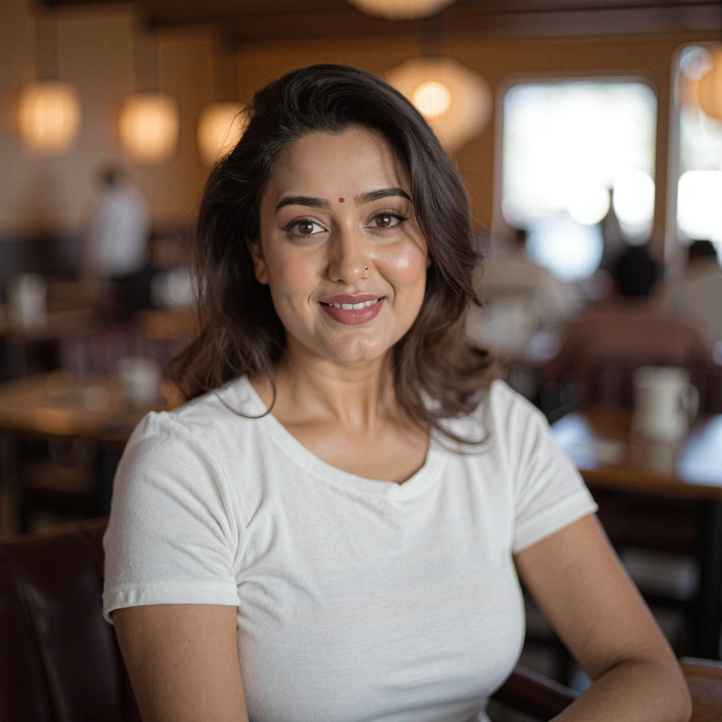 gima_ashi Garima Chaurasia, high resolution cinematic still, high resolution image, high resolution image Soft, photography, portrait, beatiful woman, no colored dot on face, (wearing a t-shirt), in a coffee shop, full body shot, smiling, gentle focus on her serene expression, detail-oriented, inspiration from renowned photographers like Annie Leibovitz, high resolution, studio lighting, medium telephoto lens, front view, detail-oriented, RAW photo, highest quality, high detail RAW color photo, professional photo, extremely detailed UHD 8k wallpaper, shot using song a7riv, 48mp shot, (artstation:1.3), low contrast