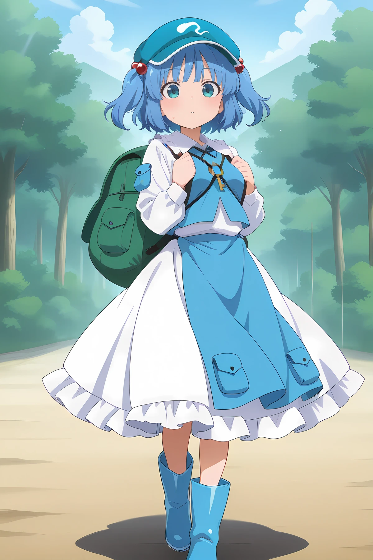 absurdres, highres, masterpiece, best quality, amazing quality, official anime artwork, screencap, anime screencap, outdoors, looking at viewer, dynamic pose,
<lora:Nitori-Kawashiro_Illustrious:1> kawashiro nitori, 1girl, solo, aqua eyes, blue hair, short hair, two side up, twintails, hair bobbles,,
kawashiro nitori \(pseudo-shikigami: myoudouki giken\), alternate costume, alternate color, frilled dress, key, blue headwear, blue flat cap, long sleeves, blue backpack, white dress, tabard, blue tabard, blue footwear, rubber boots, pocket,