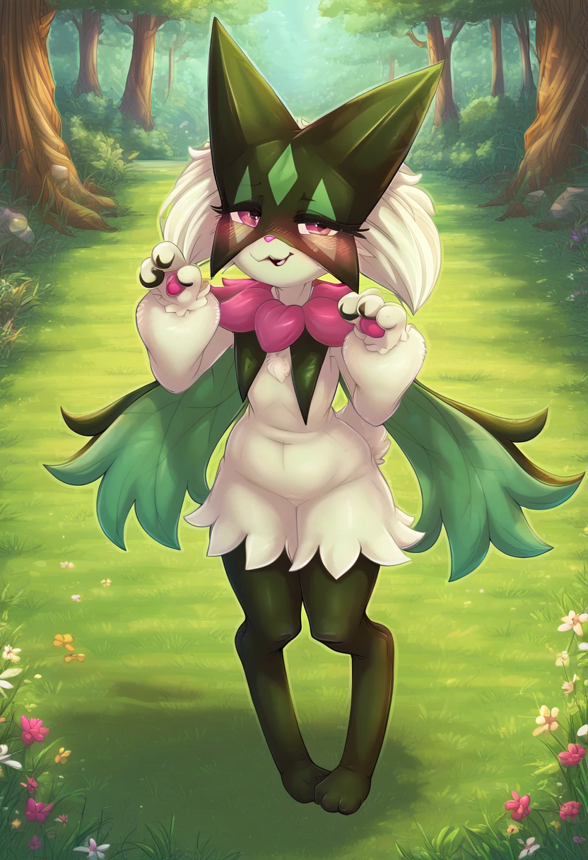 zPDXL, score_9_up, score_8_up,_7_up, score_6_up, score_5_up, score_4_up ,source_furry, best quality, amazing quality, masterpiece, 1girl, looking at viewer, solo, fullbody, cute, blush, cute smile, cute pose, out doors, forest, flowers, meowscarada, <lora:meowscarada:0.8>, dimwitdog, <lora:dimwitdog:1>, Expressiveh, good_hands, <lora:Expressive_H:0.8>, <lora:Detail_Slider_v1.4_iteration_3:4>, <lora:pony_good_hands:0.8>