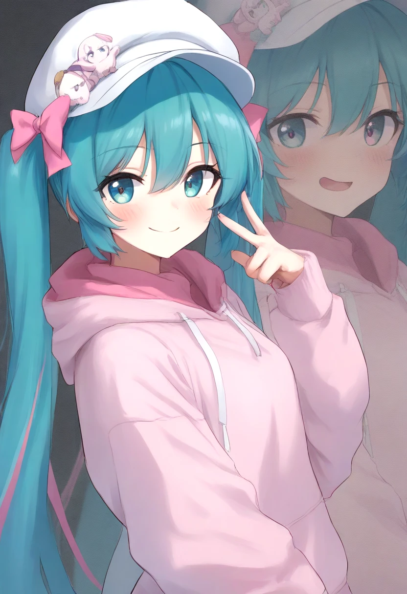 masterpiece,best quality,amazing quality,absurdres,<lora:hatsune_miku_illustrious:0.6>,hatsune_miku_illustrious,1girl,aqua hair,blue eyes,bow,drawstring,from side,hair between eyes,hair bow,hat,hat pin,hood,hood down,hoodie,long hair,looking at viewer,multicolored hair,pink bow,pink eyes,pink hair,pink hoodie,sidelocks,smile,solo,strap,streaked hair,swept bangs,twintails,two-sided hoodie,two-tone eyes,upper body,white hat,white hoodie,zoom layer,