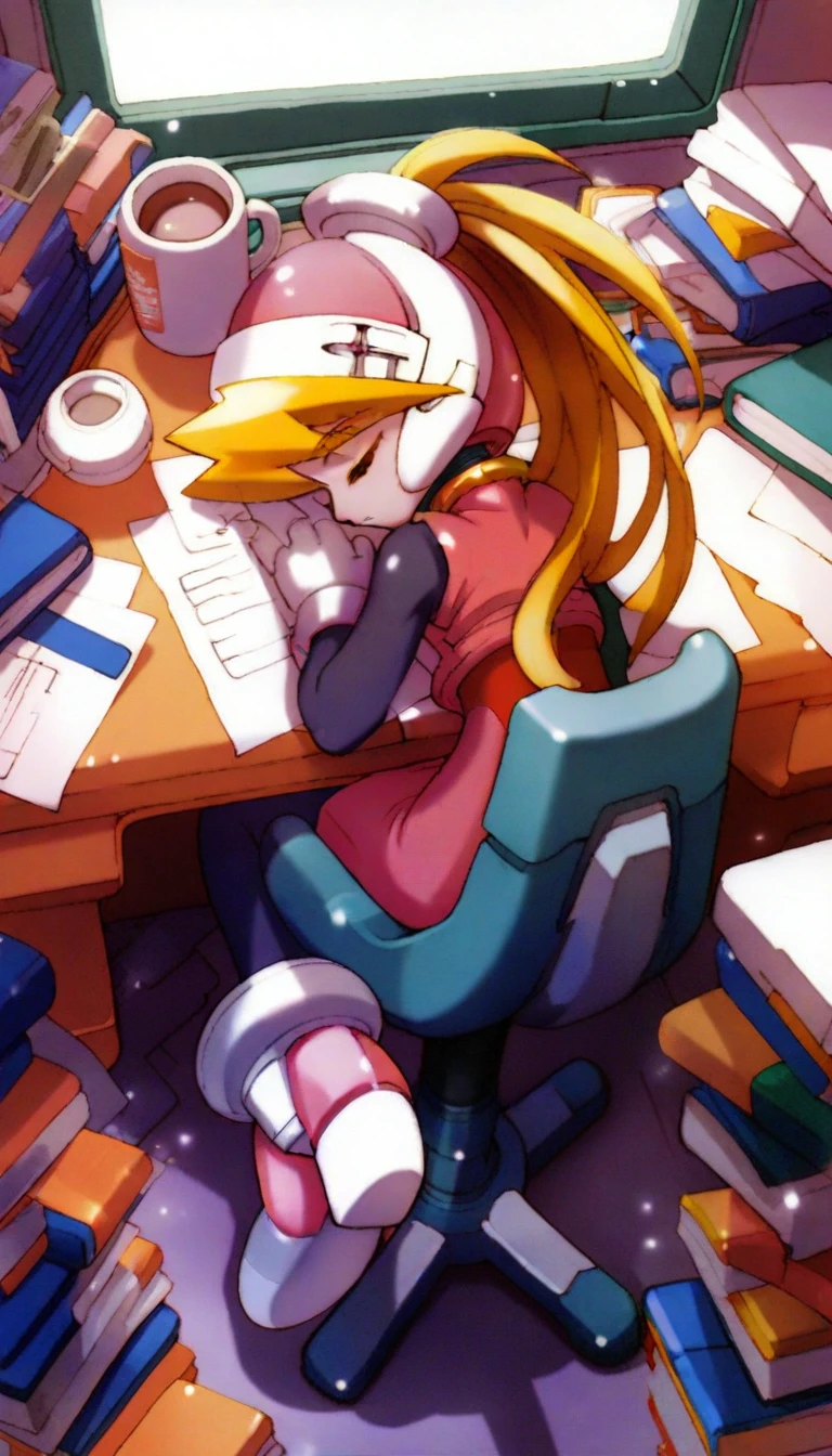 masterpiece,best quality,amazing quality,
<lora:cielIL:1>,
cie1,
1girl,solo,blonde hair,long hair,bangs,ponytail,headdress,blue eyes,black bodysuit,pink waistcoat,pink skirt,white gloves,black tights,white and pink footwear,
full body,from above,back view,closed eyes,parted lips,sitting,on chair,leaning on table,white background,office table,coffee cup,book,paper,see through green monitor,
soft lighting,light particles,
indoors,laboratory,