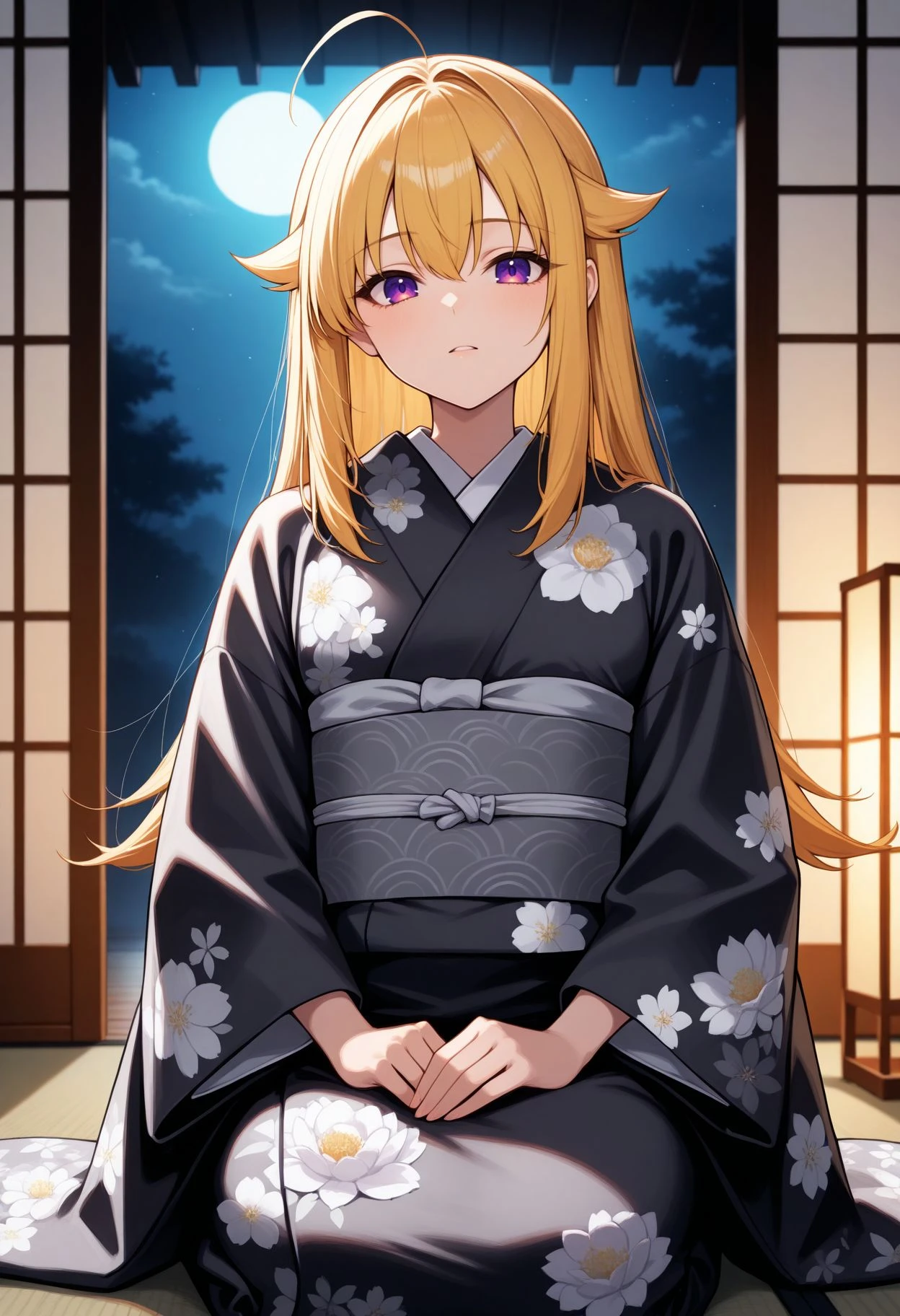 masterpiece,best quality,absurdres,highres,very aesthetic,high quality,detailed,insanely detailed,beautiful,perfect lighting,
face focus, looking at viewer, 1girl, ahoge, blonde hair, purple eyes, hair flaps, long hair, <lora:Koshitan :1> ,
, indoors, seiza, black kimono, grey kimono, floral print, print kimono, grey sash, japanese theme, night, moonlight, looking at viewer,