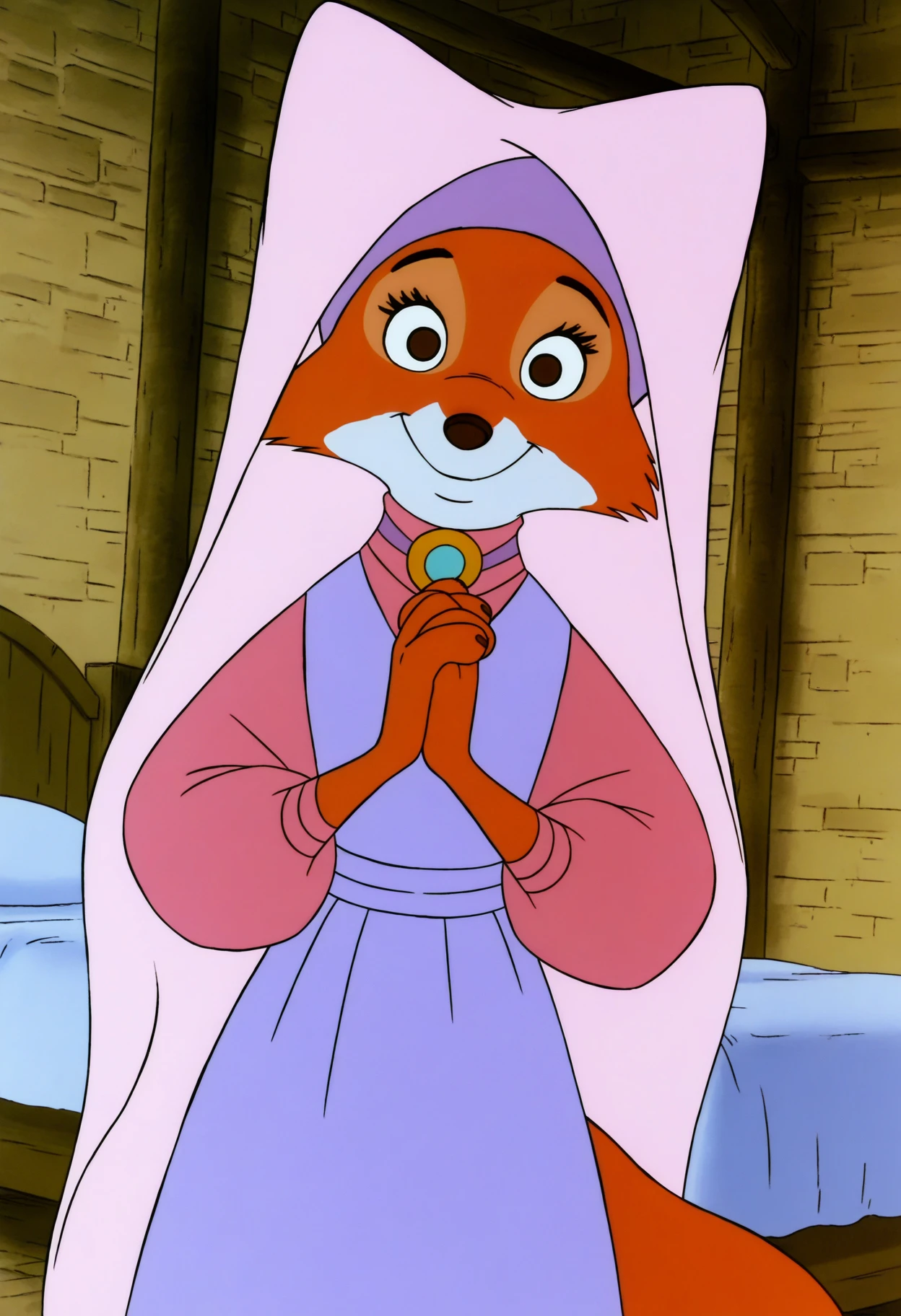 anime screencap, absurdres, high quality, official style, 1girl, maid marian, furry female, furry, fox girl, animal nose, brown eyes, no pupils, orange fur, two-tone fur, white fur, body fur, snout, lavender dress, pink sleeves, long sleeves, brooch, pink veil, looking at viewer, smile, own hands together, cowboy shot, dutch angle, indoors, bedroom, bed, <lora:Maid_Marian_Robin_Hood_Illustrious_Edition:1>