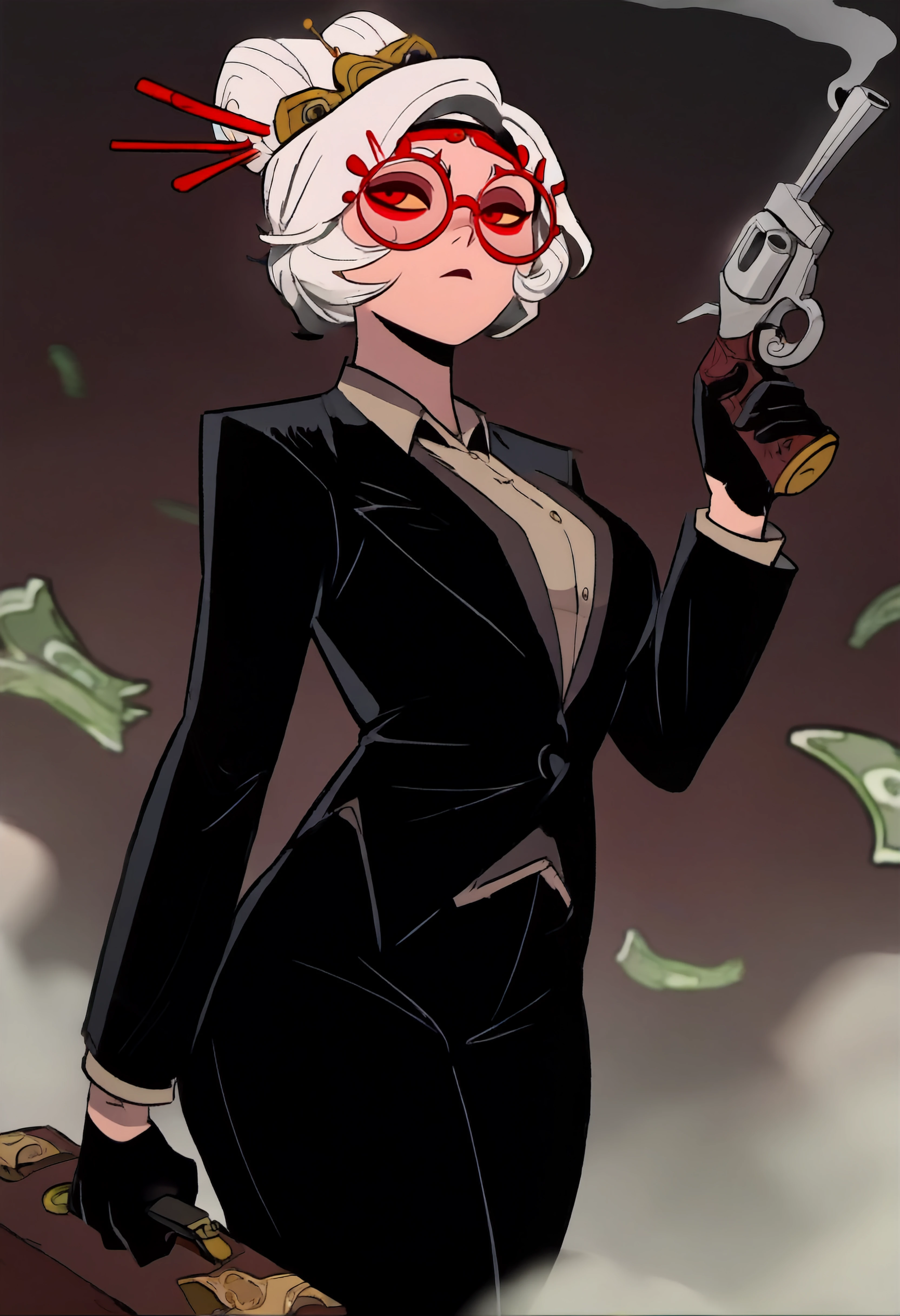 masterpiece, best quality, absurdres, lamirp,1girl,alternate costume,prhn11, white hair, red eyes, red-framed glasses, hair sticks, hair ornament, hair bun, formal,suit,black suit jacket,black trousers, black gloves,cowboy shot,holding revolver,smoke,holding briefcase,money <lora:primal-guy90-Illust-Lycorisv1:0.8> <lora:prah_n11:0.8>