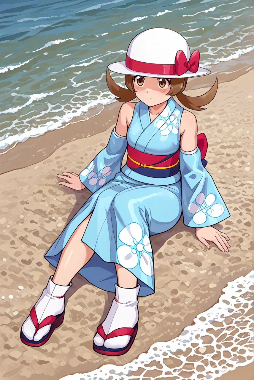 [[hinosaki, yewang19, leveen]],1girl, solo, sitting, beach, sea, summer, sumlyra, sulyr, brown_hair, brown_eyes, twintails, white_hat, hat_bow, red_bow, obi, blue_kimono, sleeveless_kimono, detached_sleeves, wide_sleeves , dark_blue_sash, red_sash, red_sandals, tabi, white_socks