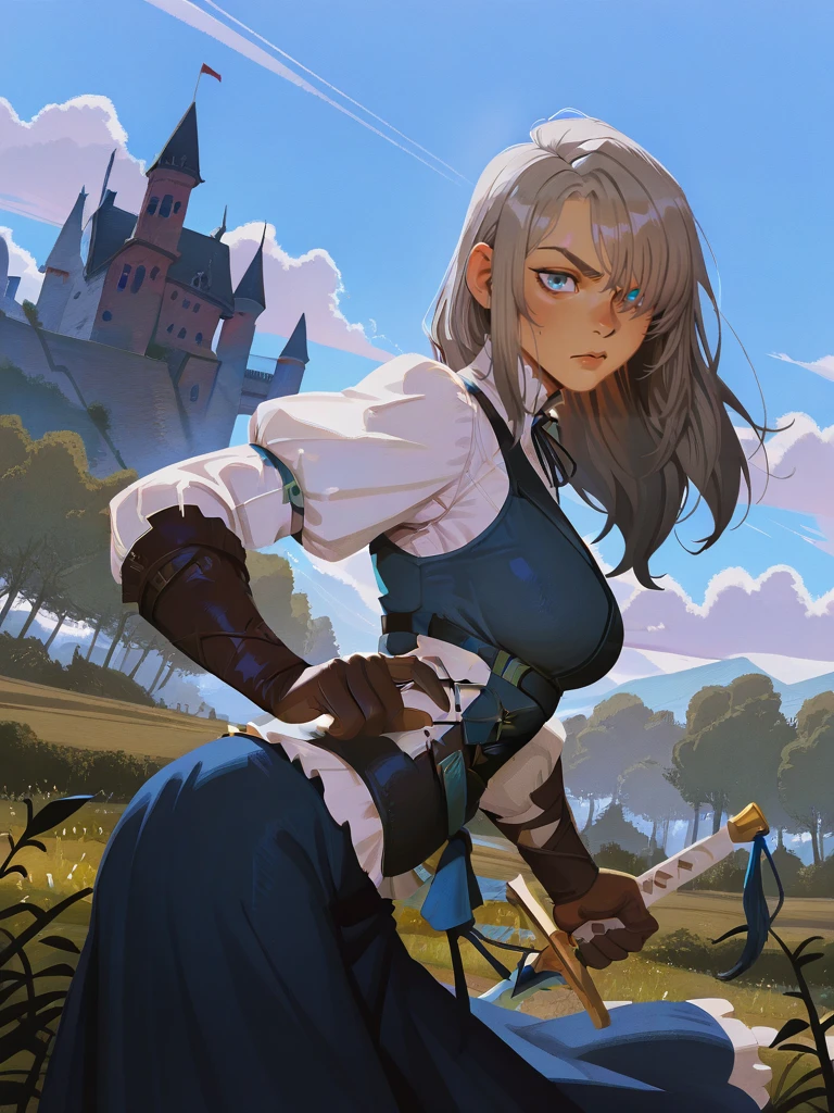 1girl, medium breasts, (JillXL:1.1), white shirt, vest, dress, skirt, long sleeves, puffy sleeves, blue eyes, grey hair, long hair, gloves, one eye covered,
serious, dutch angle, sexy pose, looking at viewer, blue sky, clouds, castle behind, vegetation, daylight, dynamic pose, cowboy shot, leaning forward, holding sword, fighting stance, from side,
<lora:AjillWarrick_character:0.7> <lora:Incase_New_Illust:0.85> ICJournals, blocky, painterly,