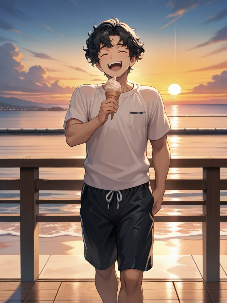 <lora:Tenryo_T:1>,Tenryo T,1boy,adult male,solo,
black swim trunks, harbor, ice cream, walking, sunset, laughing,
masterpiece,best quality,ultra detailed