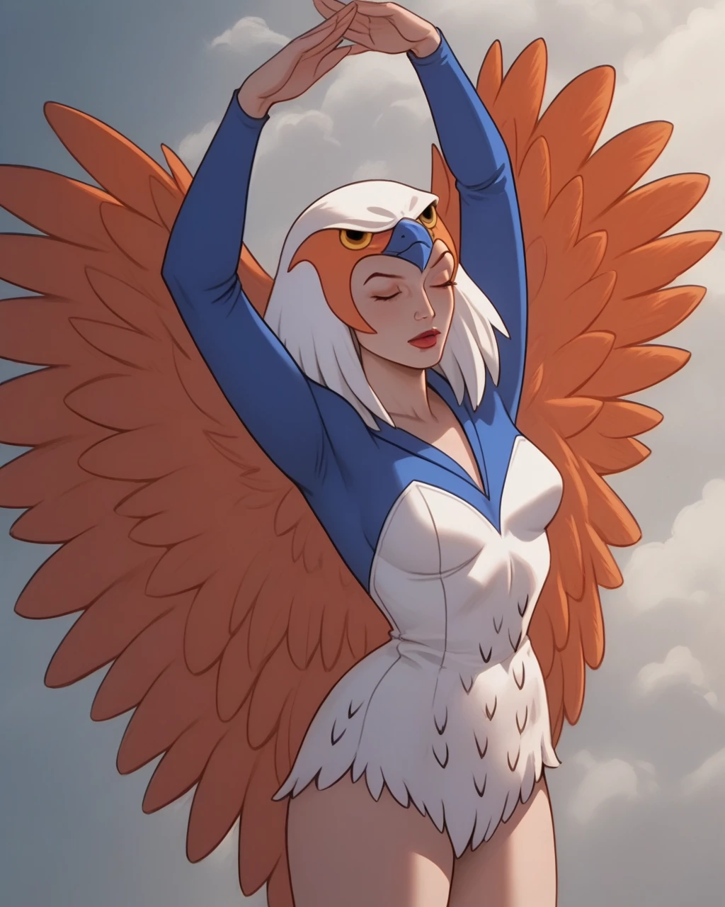 score_9, score_8_up, score_7_up, masterpiece,best quality,amazing quality, absurdres, source_cartoon, 1girl, solo, <lora:motu_sorc:1> motu_sorc, sorc, eyes closed, avian headdress, blue white leotard, orange feather cape, standing, arms up