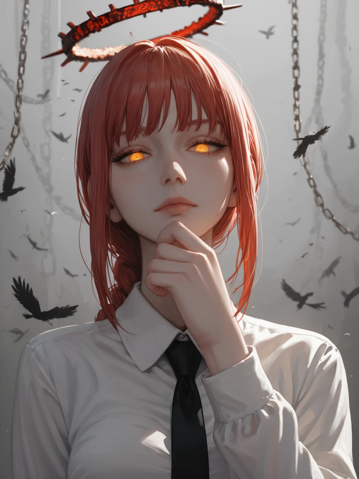 score_9,score_8_up,score_7_up,supermodel,dol,innocence,visual storytelling,dynamic composition,realistic,
1girl,adult,tall female,long hair,single braid,yellow eyes,small eyes,glowing eyes,expressionless,(half-closed eyes:1.2),medium breasts,standing,pale skin,white collared shirt,long sleeves,black trouser,black necktie,
close up,face focus,red tone,light leaks,cinematic lighting,deep glow effect,depth of field,makima \(chainsaw man\),falling black feathers,horror \(theme\),own hands together,large dark figure behind,blood chains,blood halo,