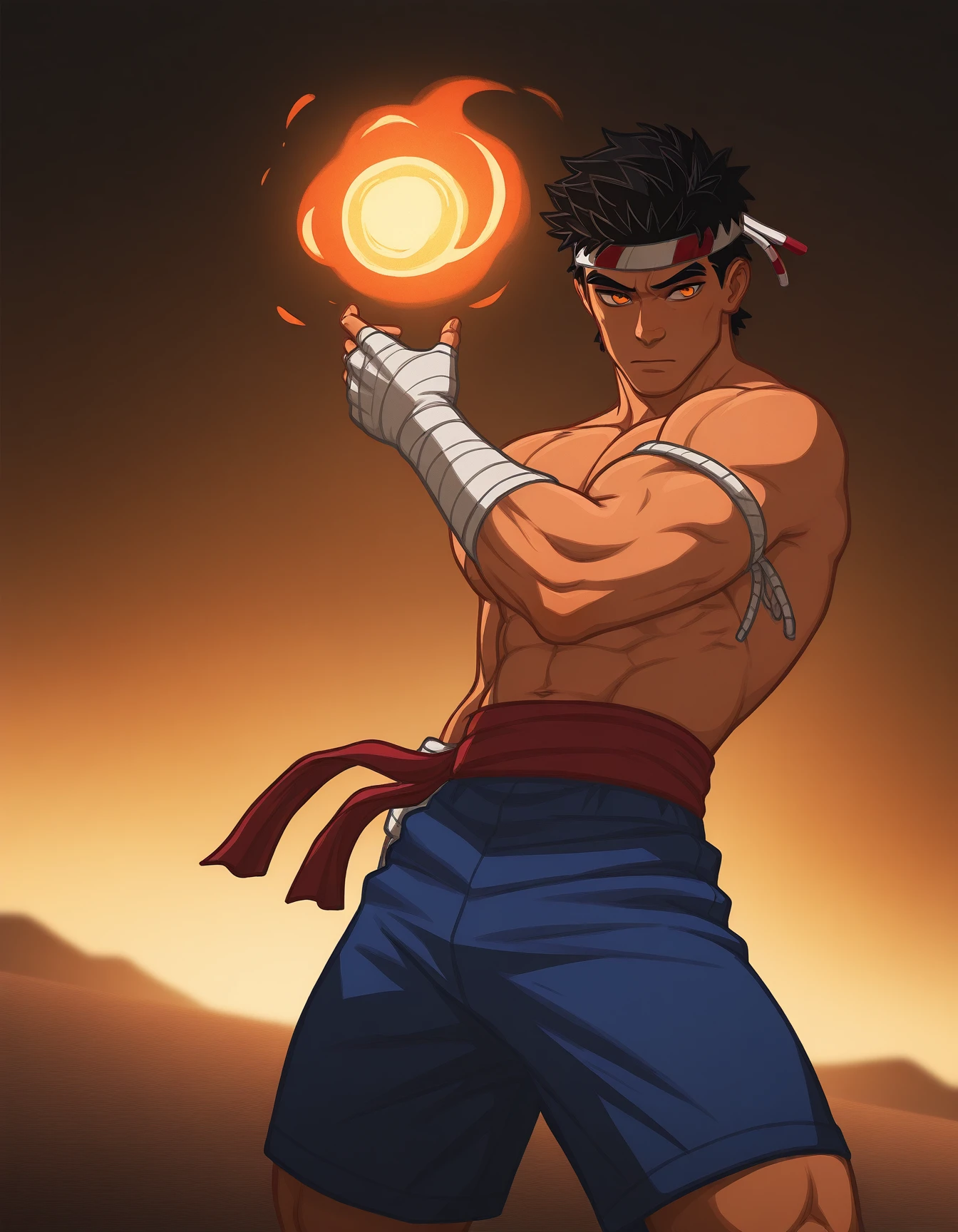 masterpiece, best quality, amazing quality, very aesthetic, high resolution, solo
Tong-vkstickrs, white bandages, orange eyes, red sash, blue shorts, dynamic angle, wide shot, muay thai gear, throwing fireball, manly, ferocious, background: a firey aura
<lora:Tong-vkstickrs_il:0.9>