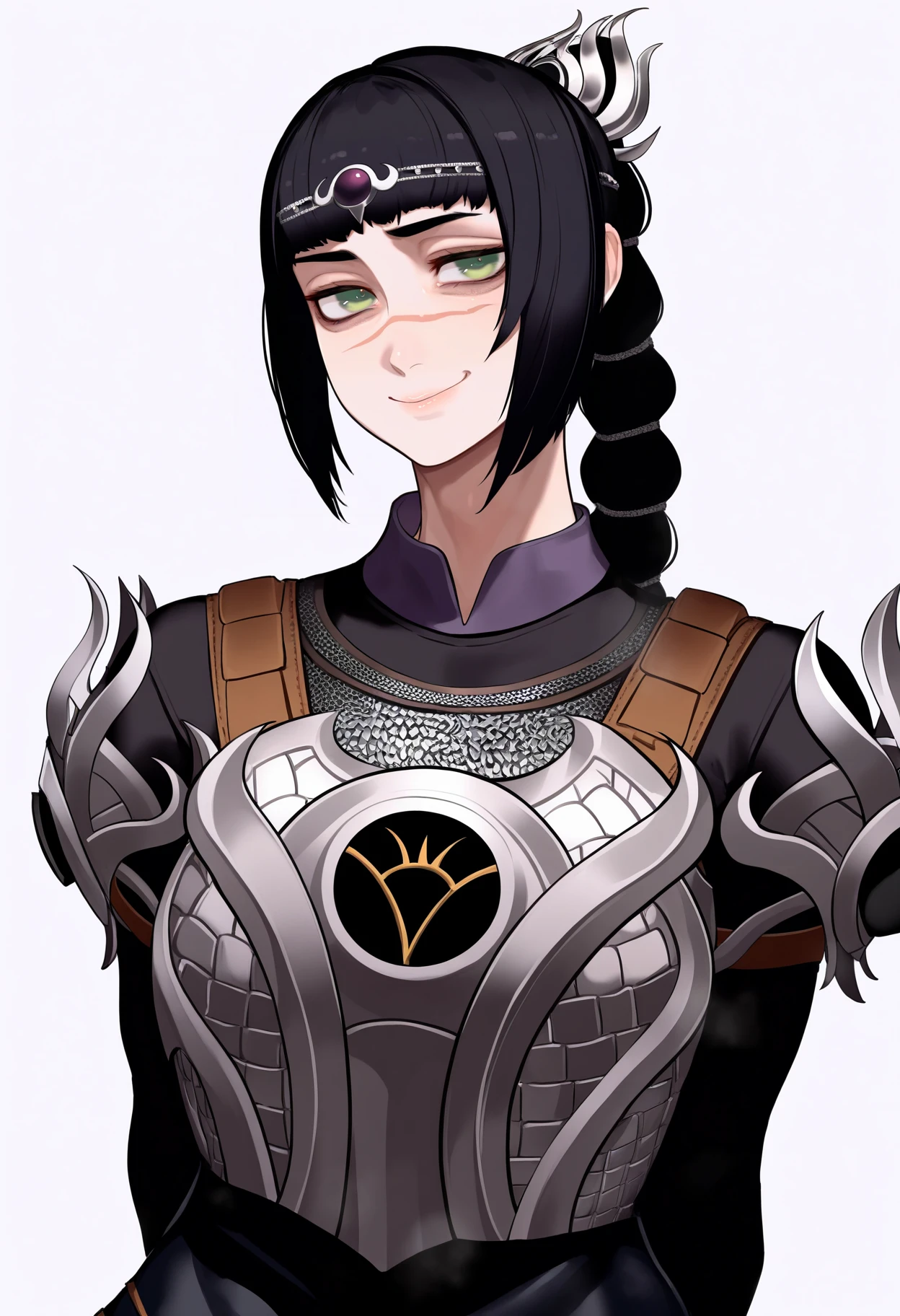 best quality, amazing quality, very aesthetic, absurdres,
1girl, solo, shadowheart, black hair, braided ponytail, green eyes, scar on face, circlet, armor,
smile, looking at viewer, upper body, simple background, white background, <lora:ShadowHeartIllustrious_byKonan:0.8> <lora:KikimifukuriNoobLocon_byKonan:1>