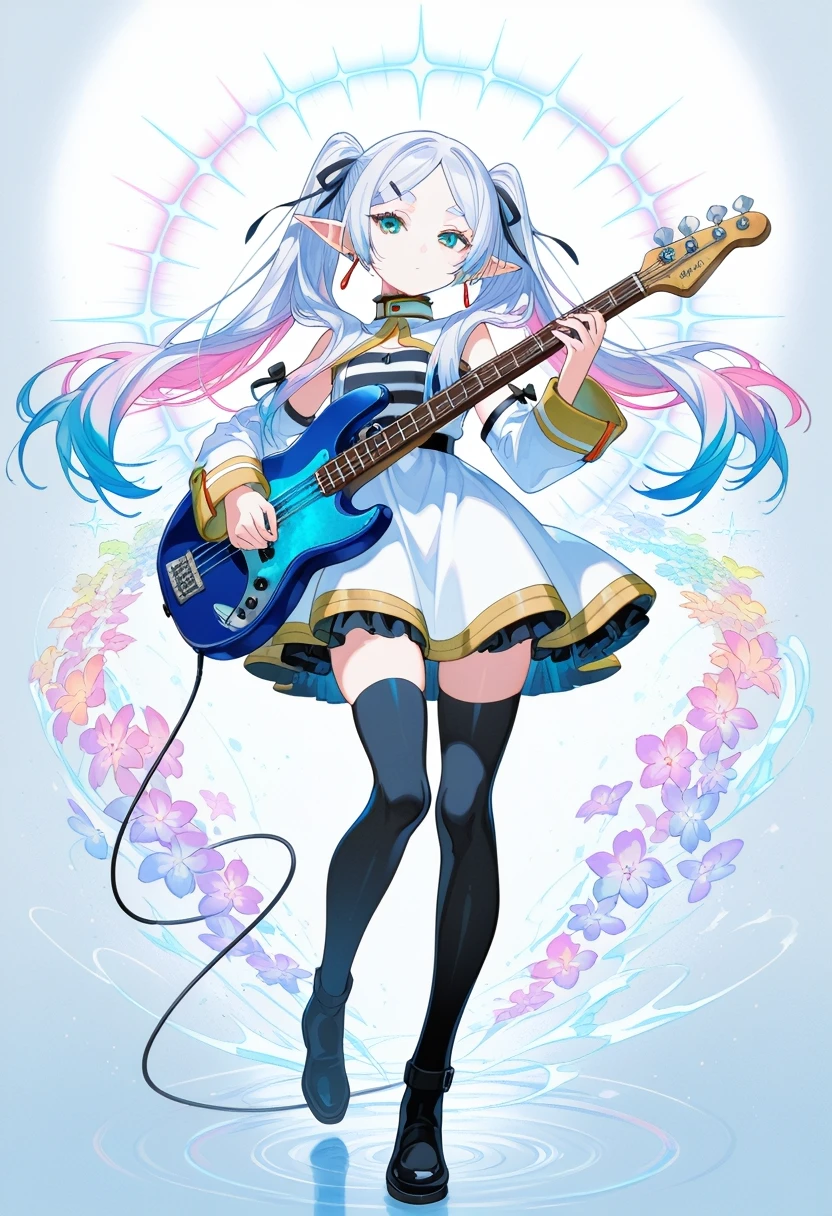 holographic color style, rainbow colors, holograms, (mika pikazo:0.1), (quasarcake:0.1), (yoneyama mai:0.1), (very awa,masterpiece,best quality,newest,highres,absurdres:1), frieren, sousou no frieren, Roshin Yuukai, Roshin Yuukai outfit, instrument, thighhighs, solo, twintails, guitar, detached sleeves, bass guitar, ribbon, dress, earrings, elf, floating earring, flower, hair over shoulder, parted bangs, pointy ears, hair ribbon, alternate hairstyle, black thighhighs, hair ornament, looking at viewer, frills, holding instrument, aqua eyes, hairclip, holding, zettai ryouiki, detailed full body, looking at viewer,