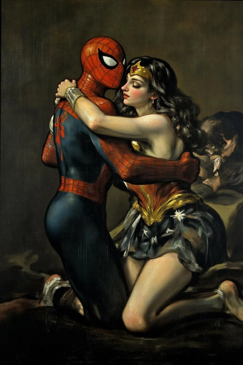 g0ya1 painting of Spider-man and Wonder Woman embracing in the rain <lora:g0ya2_cap_d6a3e12:1.0><lora:823864144580300586:0>