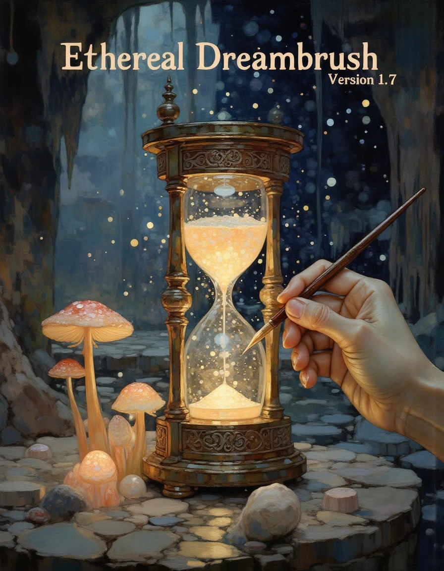 An image with text "Ethereal Dreambrush" across the top in a dreamy wistful font and in smaller text "Version 1.7", a hand with a paint brush creating a picture of A beautifully ornate hourglass with glowing, intricate designs etched into its metallic frame, set in a mysterious cavern illuminated by bioluminescent crystals. The hourglass, filled with shimmering stardust instead of sand, captures the essence of time as it flows between the two glass bulbs. Ethereal wisps of energy swirl around it, hinting at its magical properties. The background features deep shadows and glowing mushrooms, casting a mystical ambiance. A soft, otherworldly light emanates from the hourglass, illuminating the surrounding stones with a faint, golden glow. The composition should focus on the hourglass at the center, slightly tilted to show the stardust cascading down, with an air of enchantment and wonder., dikrymd, <lora:Kaoru-Yamada_v17-000054:1>