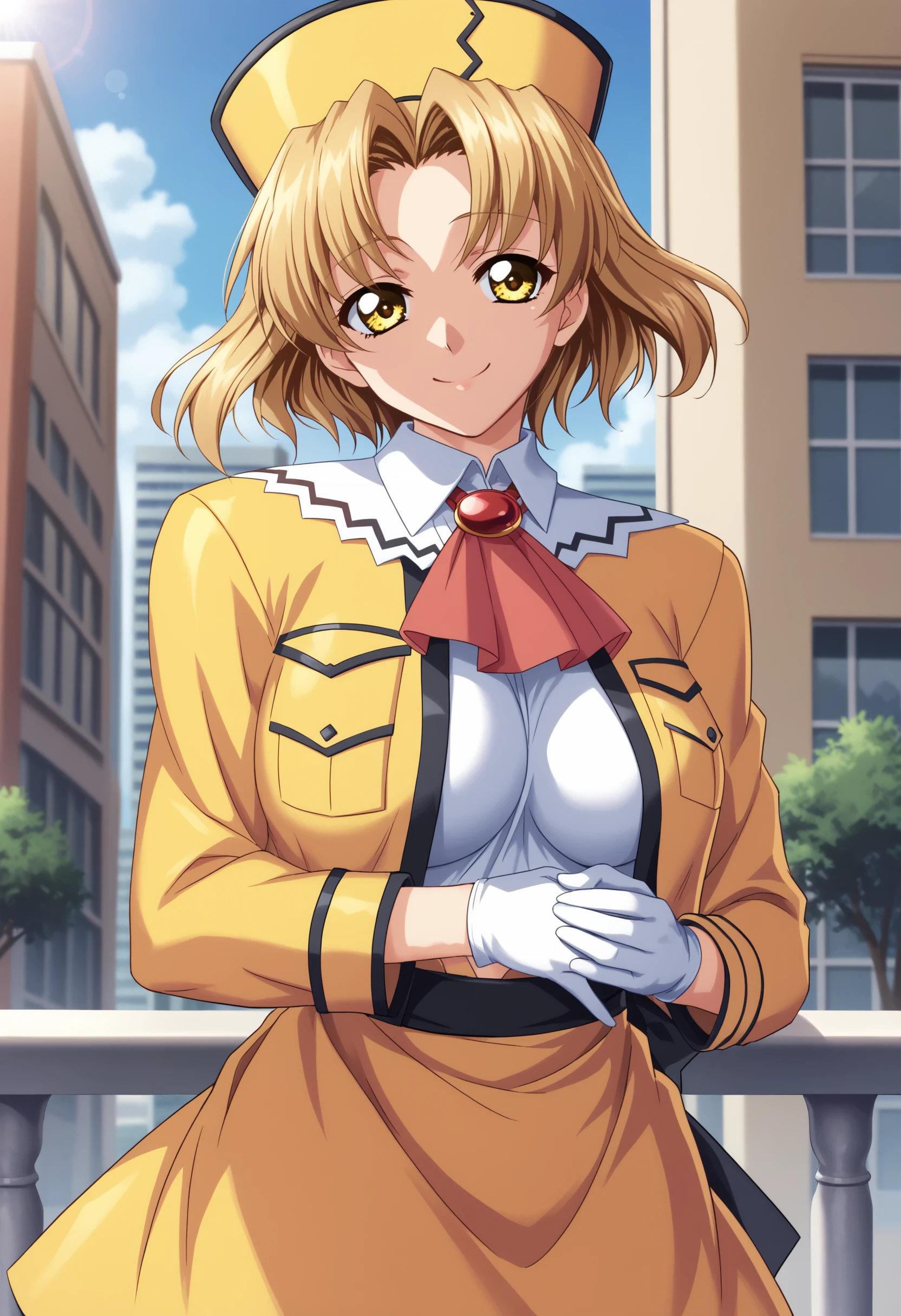 score_9, score_8_up, score_7_up, BREAK <lora:KuraruSada:1> ,sanadak,1girl,short hair,yellow eyes,blonde hair,large breasts,floating hair,sad smile,white gloves,yellow hat,yellow skirt,white collar, long sleeves,red ascot,white shirt, yellow jacket,red brooch,black belt,outdoors,city,day,looking at viewer,cowboy shot